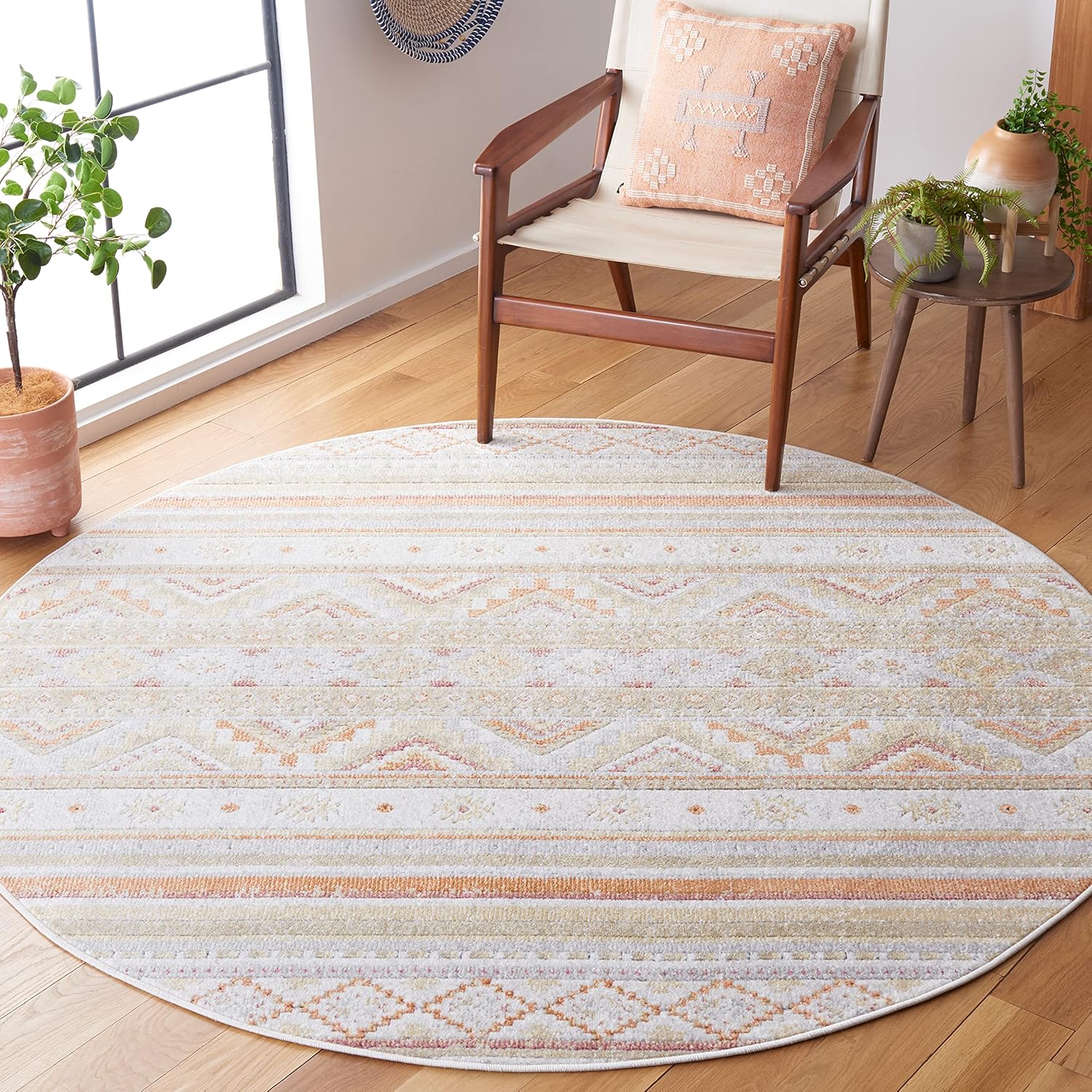 SAFAVIEH Washable Rug Outdoor Cabana Collection - 6'7" Square, Ivory & Beige Gold, Non-Shedding & Easy to Clean, Ideal for Patio, Backyard, Mudroom (CBN551D)