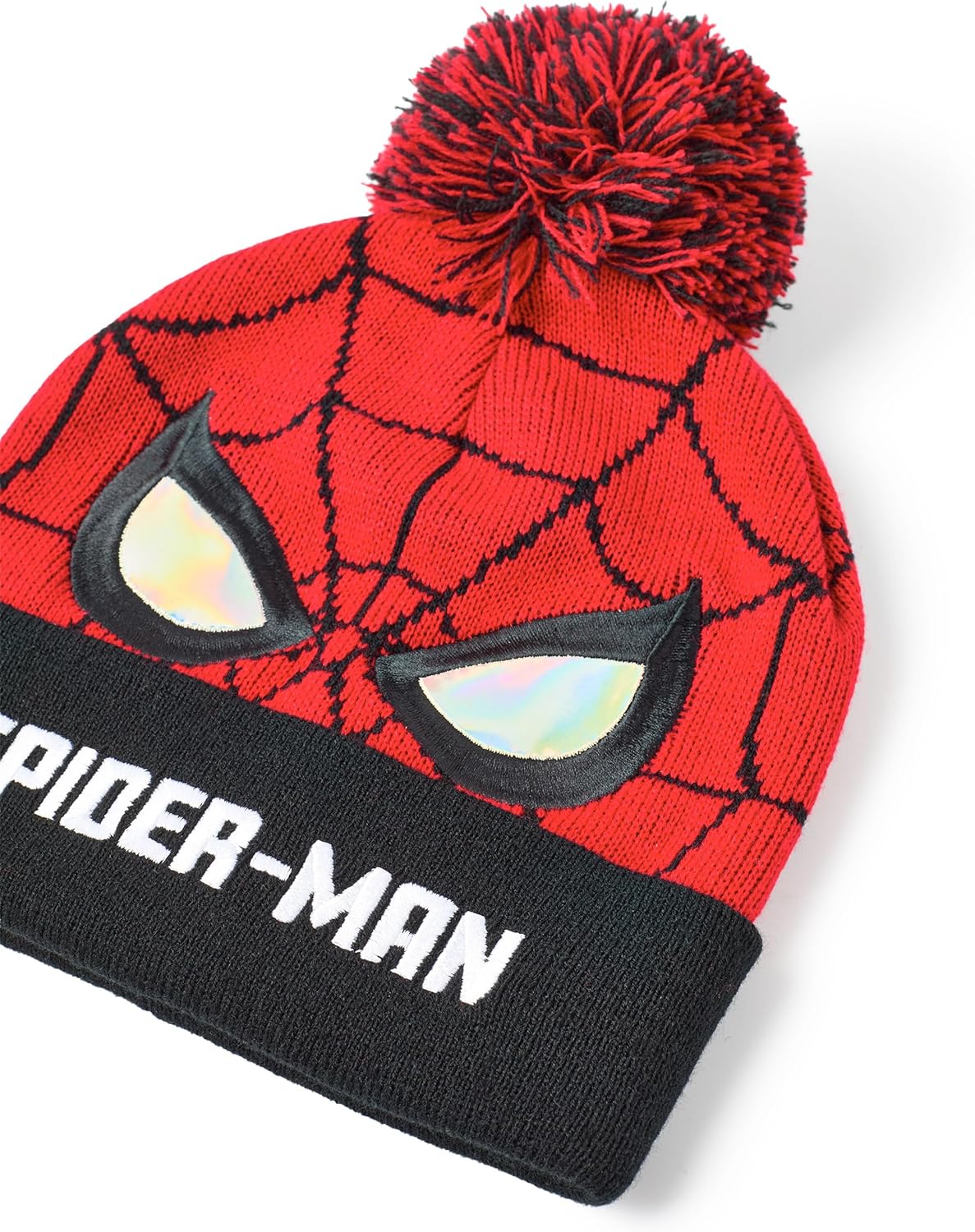 Marvel Spiderman Boys Beanie Hat & Gloves Set | Red & Black Knitted Winter Hat with Spiderman Eyes & Web | Kids One Size Pom Pom Hat with Heat Transfer Print Gloves | Superhero Movie Merchandise Gift