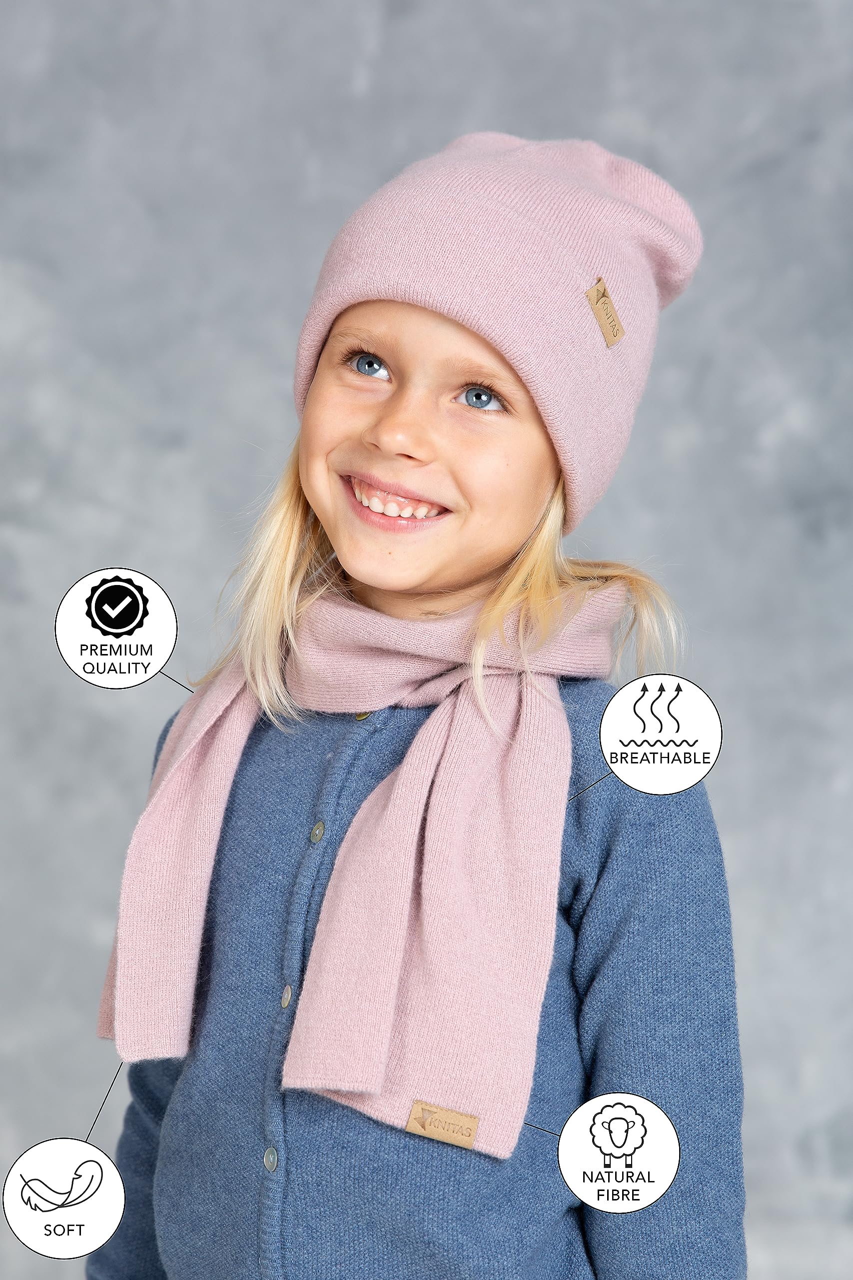 Sciarpa in Merino e Cashmere per Bambini, Calda Sciarpa Invernale a Maglia, Rosa, 110x18cm