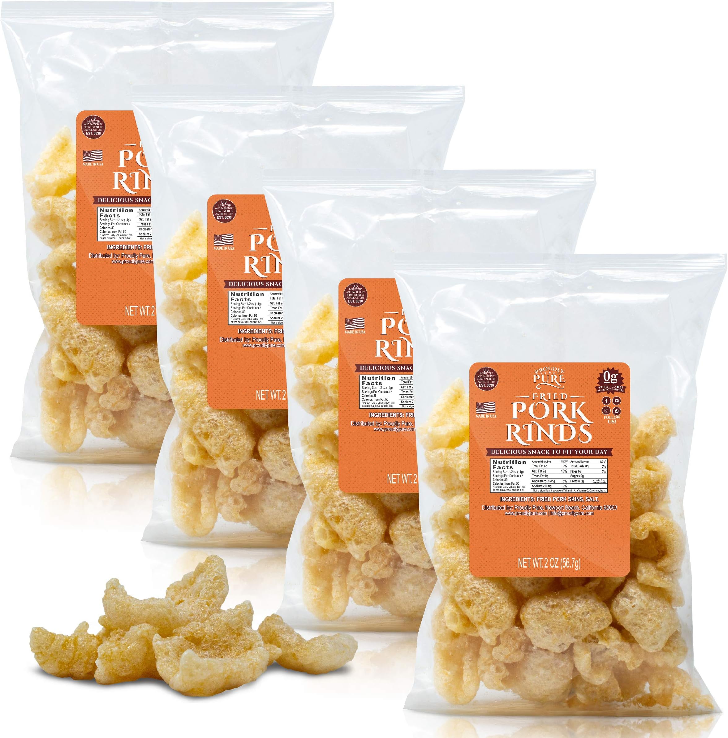 Keto Friendly Pork Rinds (4 Pack)Proudly Pure Diet Snack Gluten Free Zero Carb Food Protein Packed Gourmet Double-Cooked Fried Rind Crunchy Chicharrones {Cooked with Pork Fat}