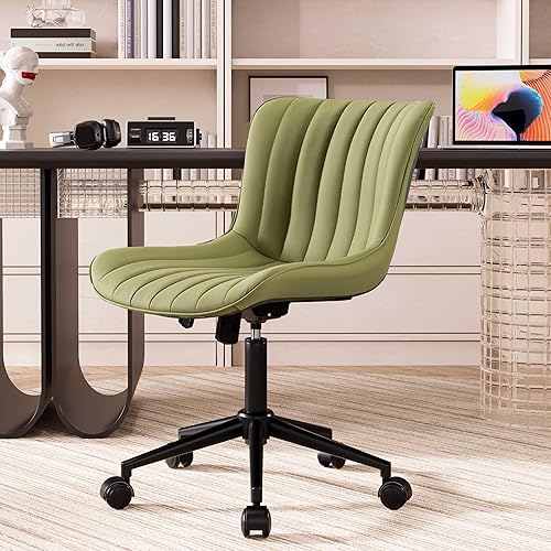 YOUNIKE Silla de oficina sin brazos, silla giratoria de cuero con ruedas, tapizada y ajustable, silla de computadora moderna con ruedas, silla