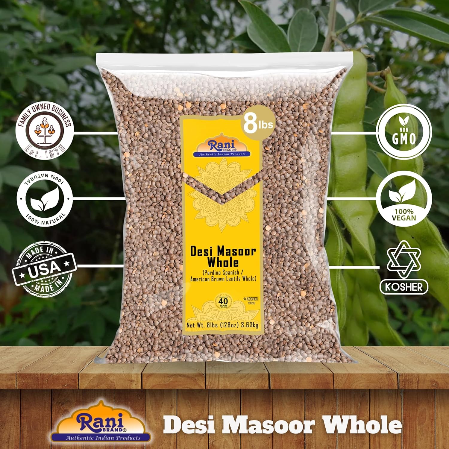 Rani Desi Masoor (Masur) Whole 128oz (8lbs) 3.63kg (aka. Pardina Spanish/American Brown Lentils Whole) Bulk ~ All Natural | Vegan | NON-GMO | Kosher | Gluten Friendly | Product of USA