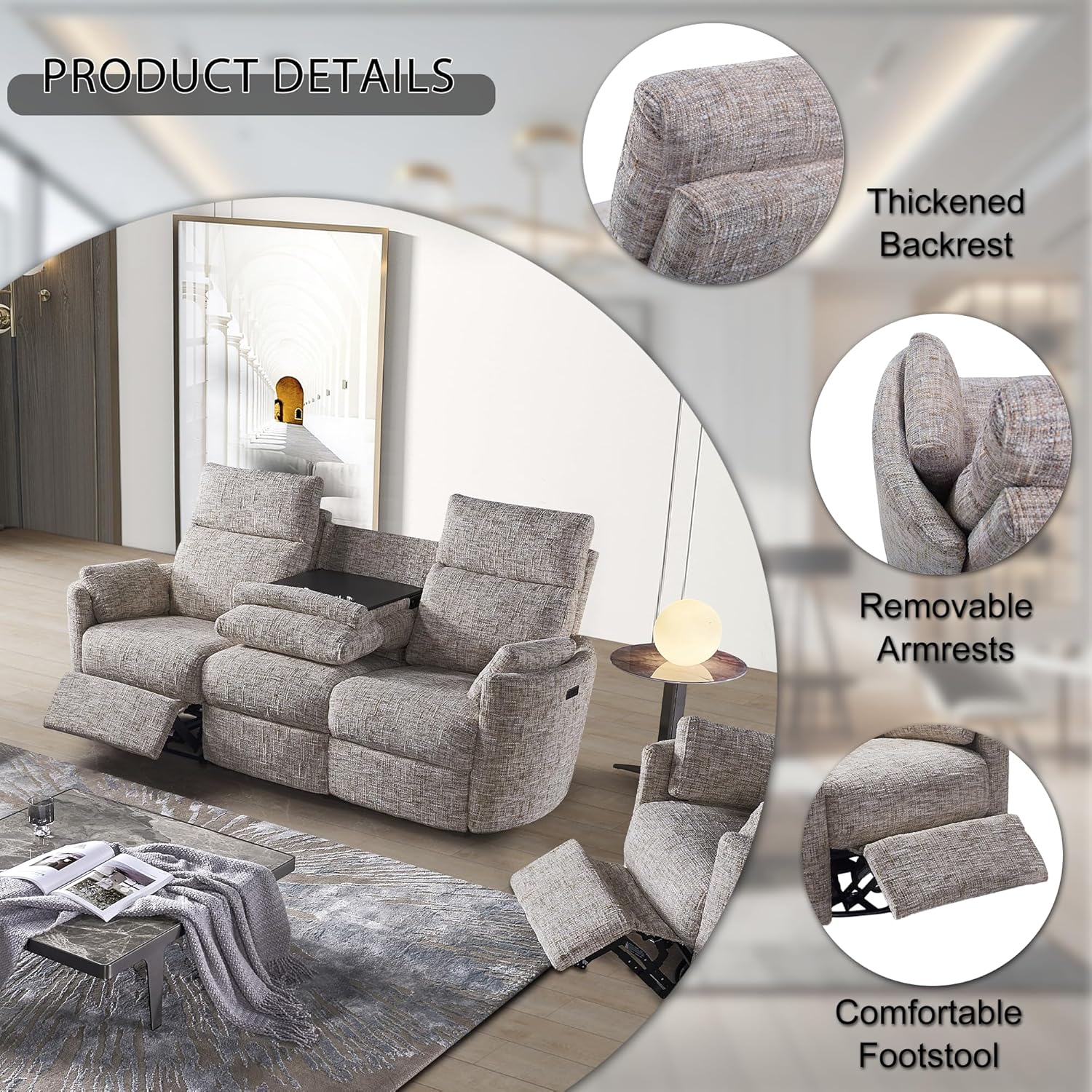 3-Seat Power Recliner Sofa with Adjustable Footrests, 2 Built-in Cup Holders, USB & Type-C Charging Ports, Comfortable Lounge Chair for Living Room & Home Theater (Beige, Sofa)