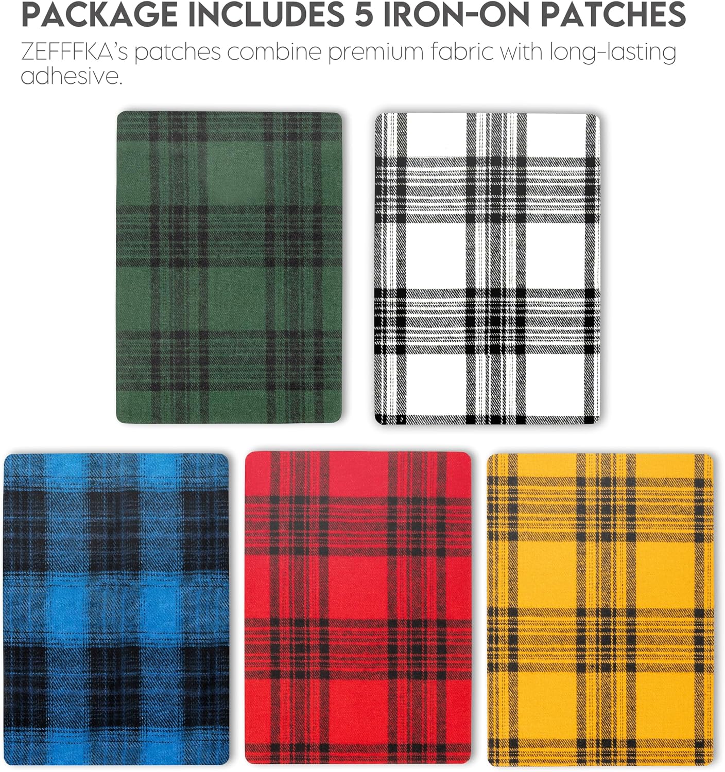 ZEFFFKA Premium Quality Large Plaid Tartan Fabric Iron-on Patches Inside & Outside Strongest Glue 100% Cotton Repair Decorating Kit Jeans Modern Cool Design 5 Pieces Size 5" by 7" (13 cm x 18 cm)