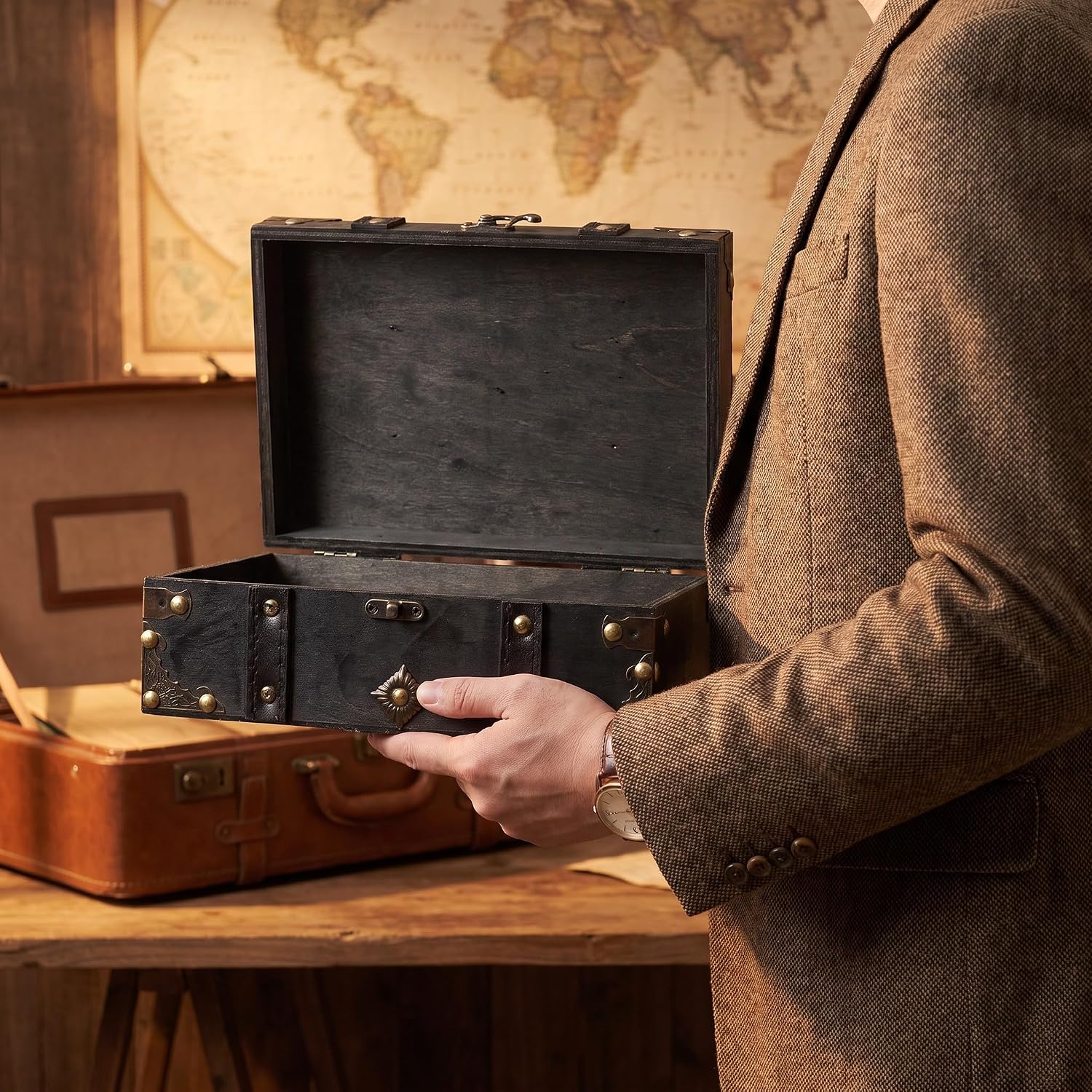 Luxshiny Vintage Wooden Jewelry Box, Treasure Chest Storage Case