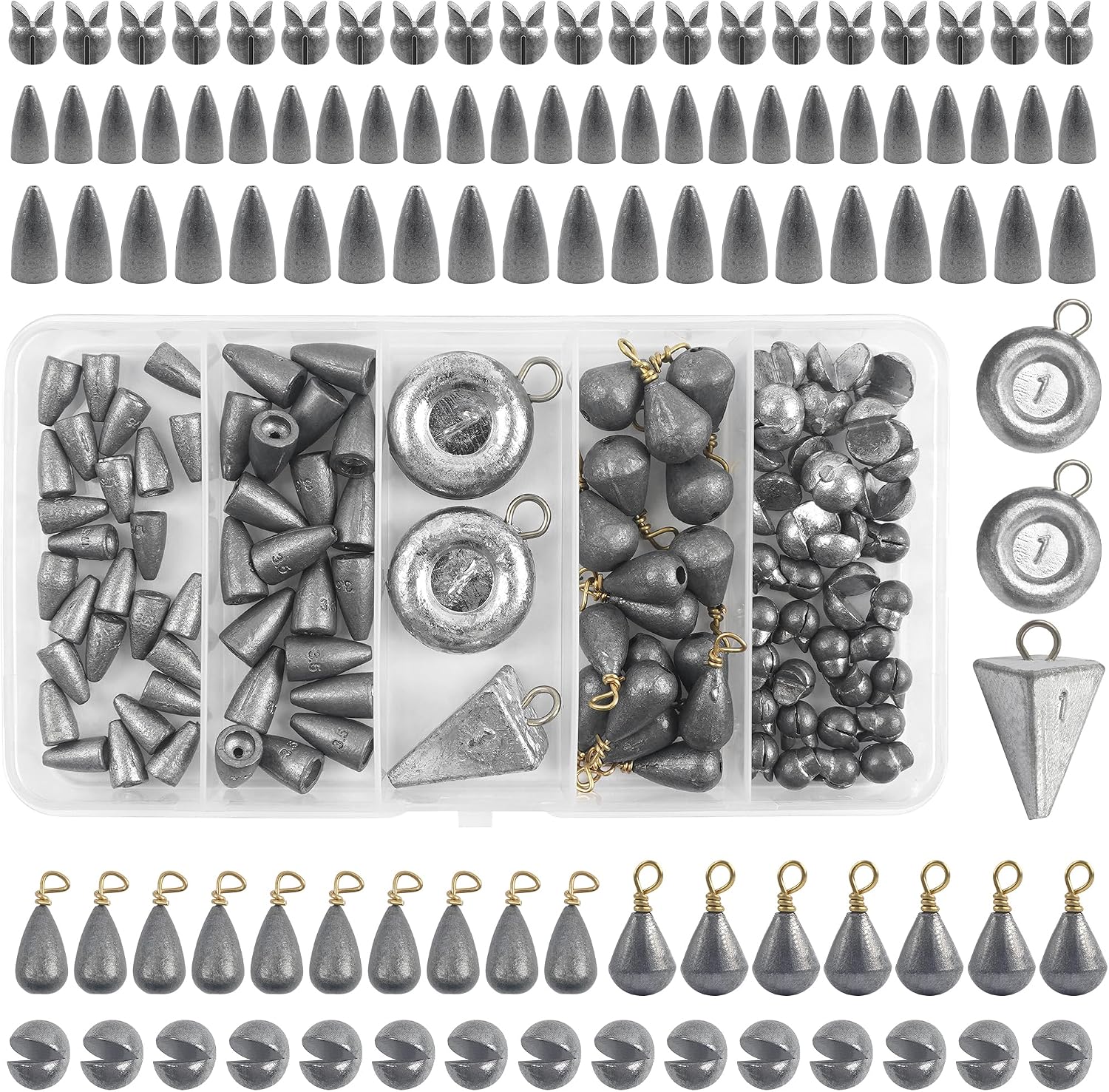 Fishing Sinker Weights Kit,100pcs Various Bass Casting Weight Removable Split Drop Shot Sinkers Pyramid Sinkers Disc Weights Catfish for Saltwater Freshwater Fishing
