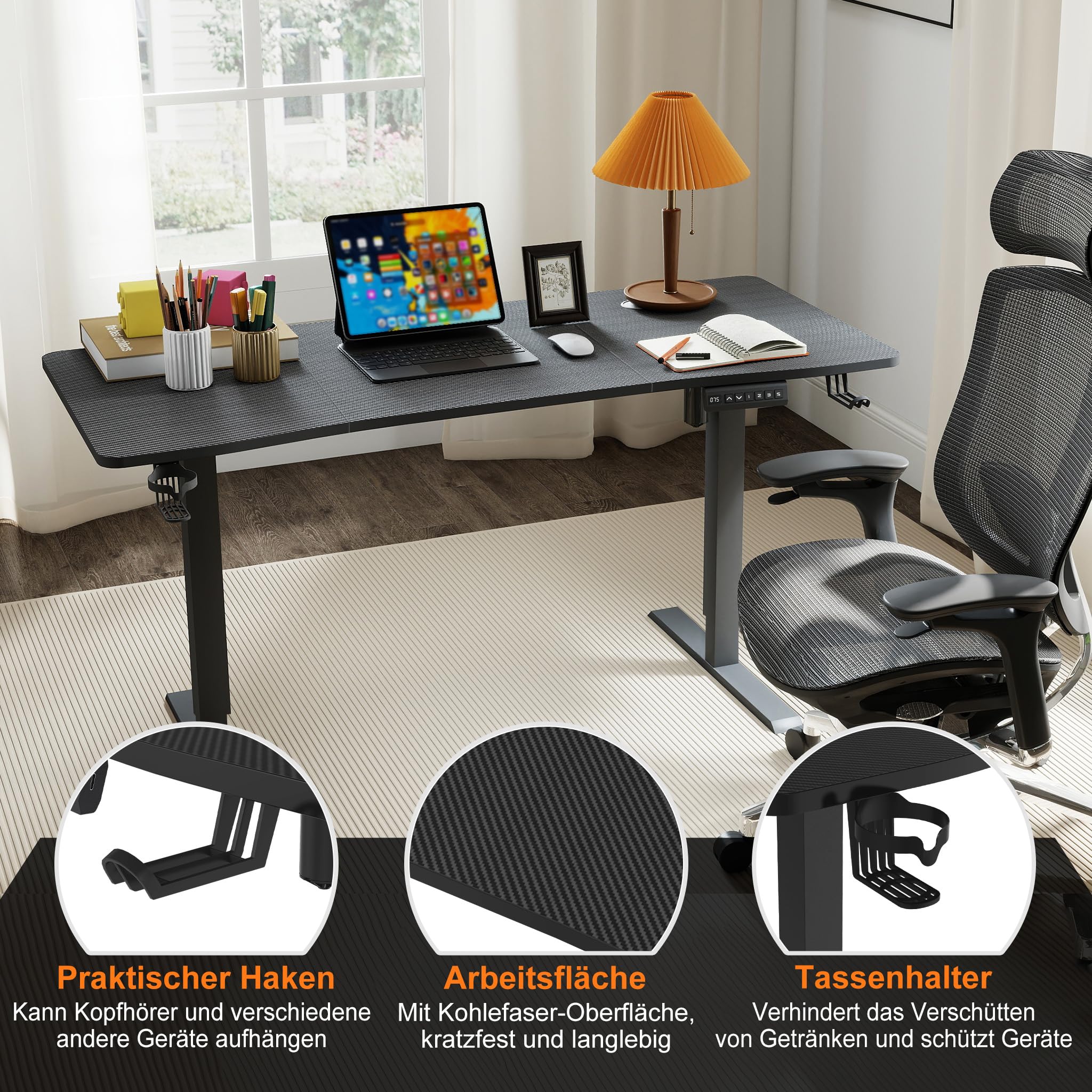 AufuN Höhenverstellbarer Schreibtisch Elektrisch 120/140/160 x 60cm mit Typ-C Ladeanschluss, Mobiler Computertisch mit Kabel Management, Standing Desk mit 3 Memory Funktion (Schwarz, 140 x 60cm)