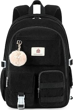 Hidds School Backpack for Teens Girls Women 15.6 Inch Laptop College Backpacks Corduroy Work Bag Kids Elementary Middle High Campus Bookbag Students Back Pack Anti Theft Travel Daypack Womens - Black