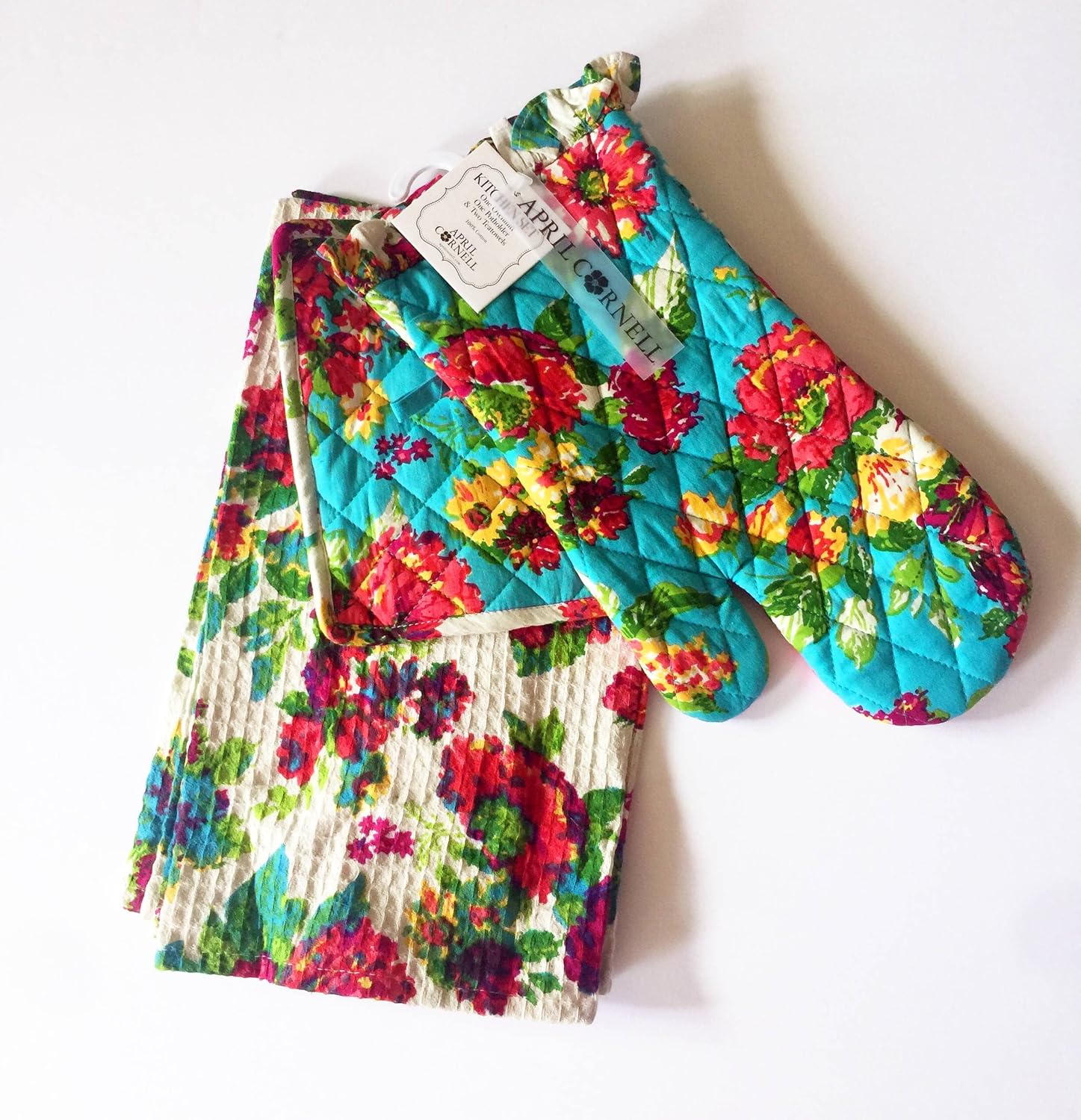 April Kitchen Set (Two Tea Towel, One Oven Mitt & One Pot Holder) 100% Cotton Multi Spring Floral (Floral Greens)