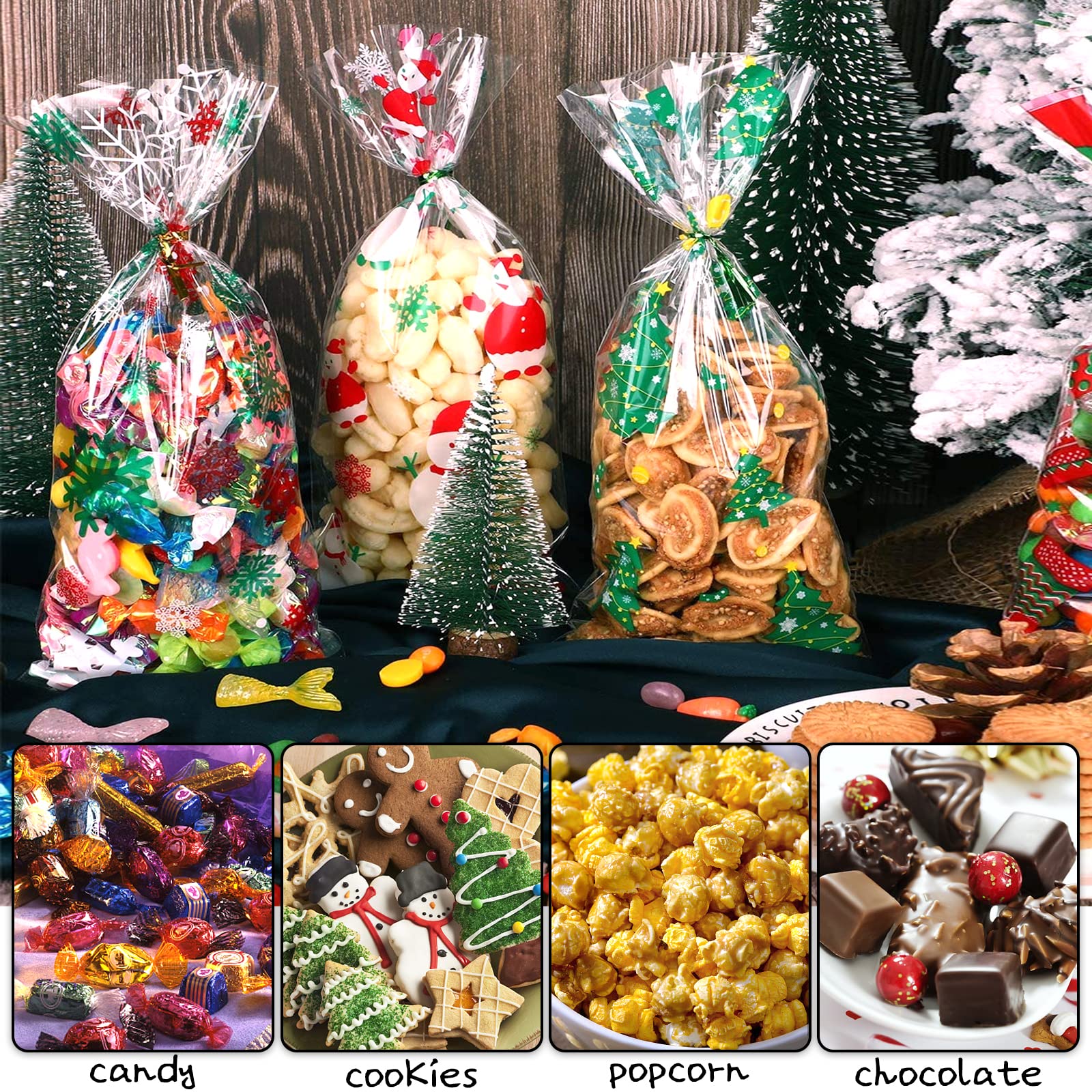 50 Pezzi sacchetti caramelle natale Plastica, FUKPO sacchetti regalo natale trasparenti Cellophane sacchetti per biscotti natalizi, bustine trasparenti natalizie festa con 50 Cravatte