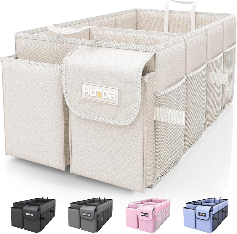 Trunk Organizer - Foldable Car Organizer for SUVs & Sedans Storage | Sturdy Car Organization for Men & Women, Car Accessories, Tools, Sundries, Beige, 2 Compartments, 21.3" x 12.6" x 10.6"