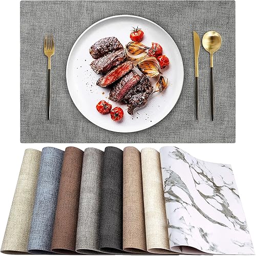 Juego de 6 manteles individuales de cuero resistentes al calor, impermeables, lavables, de poliuretano, fáciles de limpiar, antideslizantes (gris