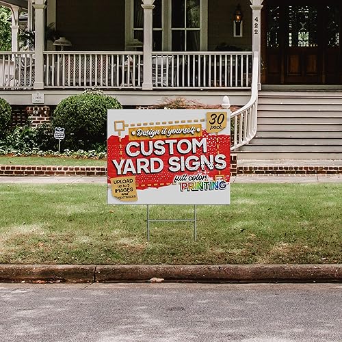 Vista 9 de Letreros personalizados de 24 x 18 pulgadas con estacas de metal (paquete de 30), letreros personalizados con impresión a todo color e