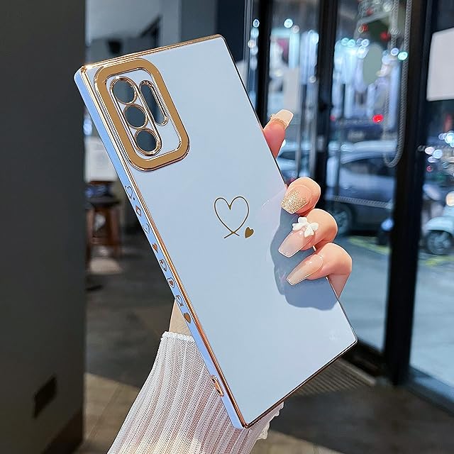 ZTOFERA Compatible with Samsung Galaxy Note 10 Plus (6.8") Case for Girls Women, Flexible Silicone Protective Phone Case with Cute Love Heart Pattern Golden Edging Shockproof Bumper Cover, Sierra Blue