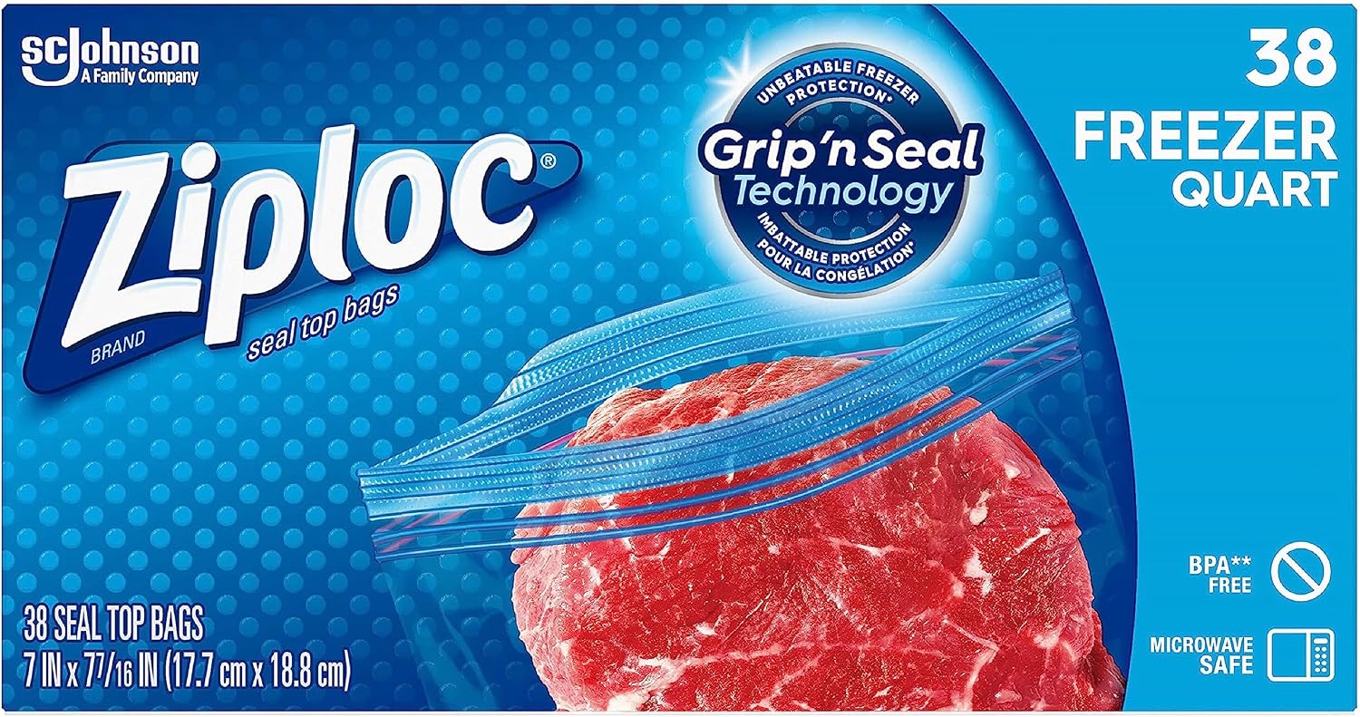 Ziploc Freezer Bags with New Grip 'n Seal Technology, Easy Open Tabs, Quart, 38 Count