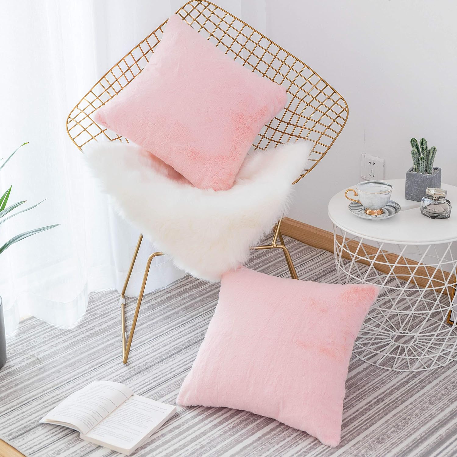 Home Brilliant Pink Fur Euro Sham Covers 26x26 Pillow Covers Set of 2 Plush Deluxe Fluffy Sheepskin Faux Fur Throw Pillow Covers for Couch Sofa Bed, 26 x 26 inches, Pink