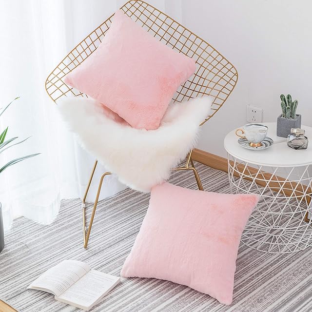 Home Brilliant Pink Fur Cushion Covers 18x18, Lovely Gifts for Mom Girls, Faux Rabbit Fur Fluffy Cushion Cover for Sofa Bed Couch, Set of 2, (45 x 45cm, Pink)