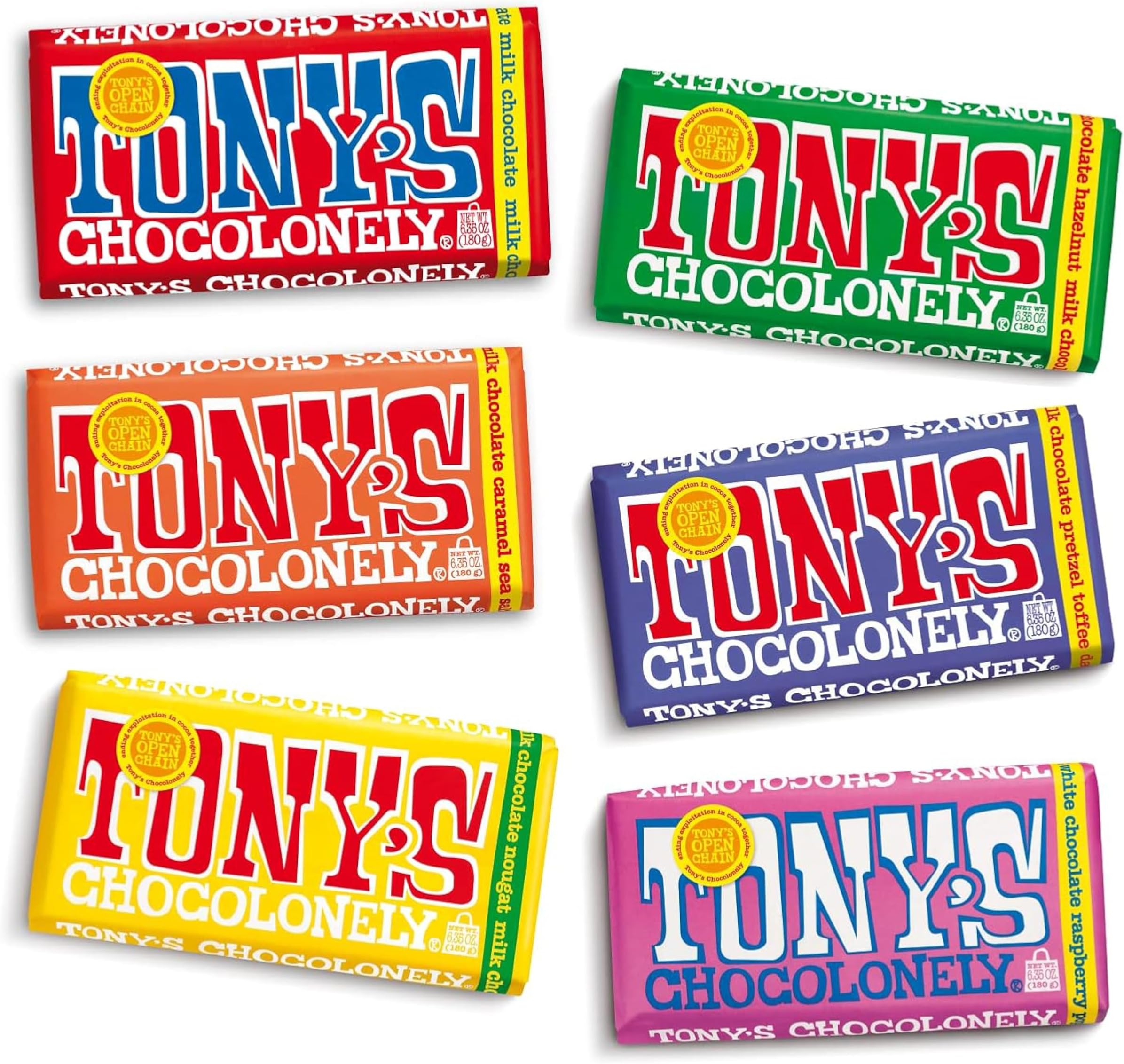 Tony’s Chocolonely Super Duper Milk Chocolate Candy Bar Bundle, Milk & White Chocolate With Sea Salt, Caramel, Pretzel Toffee, Almond, Hazelnut, Made From Quality Fairtrade Cocoa, 6 Bars, 6.35 Oz Each