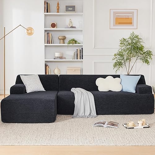 107" Modular Sectional Cloud Couch, Boneless couches Sponge sectionals for Living Room, High Density Sponges Sofa, Modular L-Shape with Chaise, Black