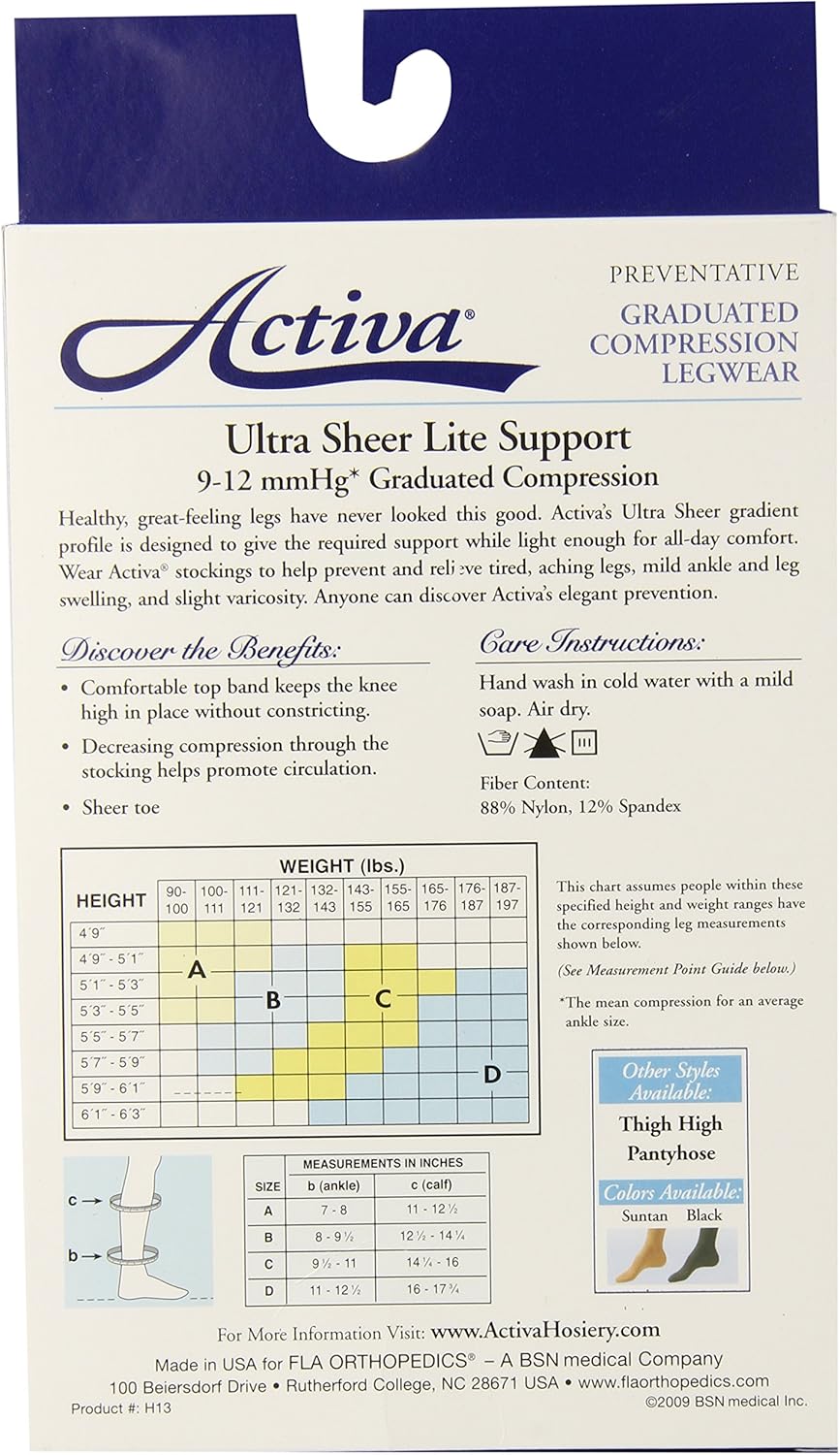 Activa Ultra Sheer 9-12 mmHg Knee High Socks, Suntan, Size A, : Clothing, Shoes & Jewelry