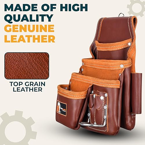 Miniatura 3 de Bolsa de Herramientas de Cuero Daisy Pro 505 Cuero Premium Curtido al Aceite 13 Bolsillos con Bolsillo para Escuadra Organizador de Herramientas