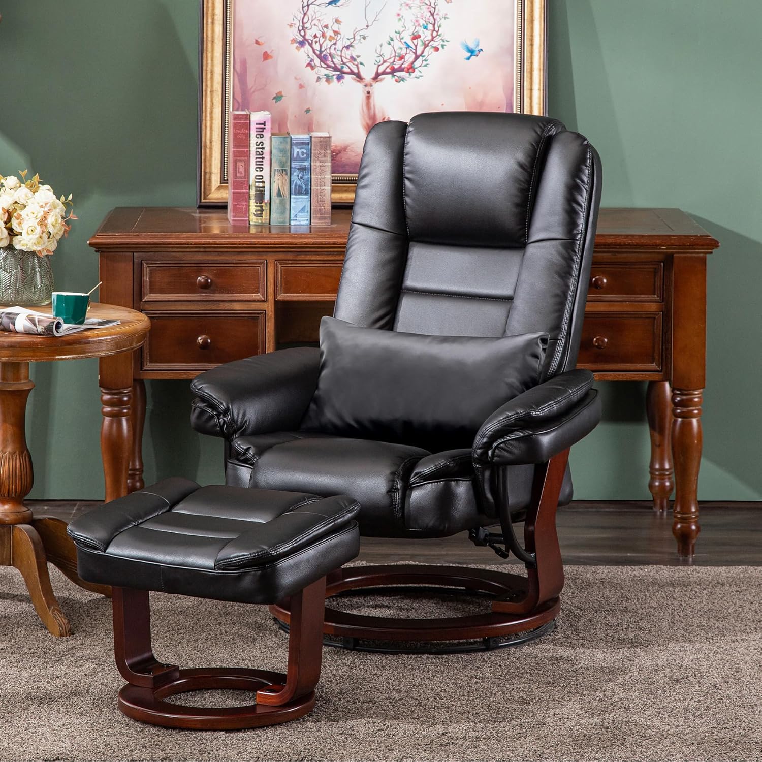 MCombo Swivel Recliner with Ottoman Chair, Black Faux Leather