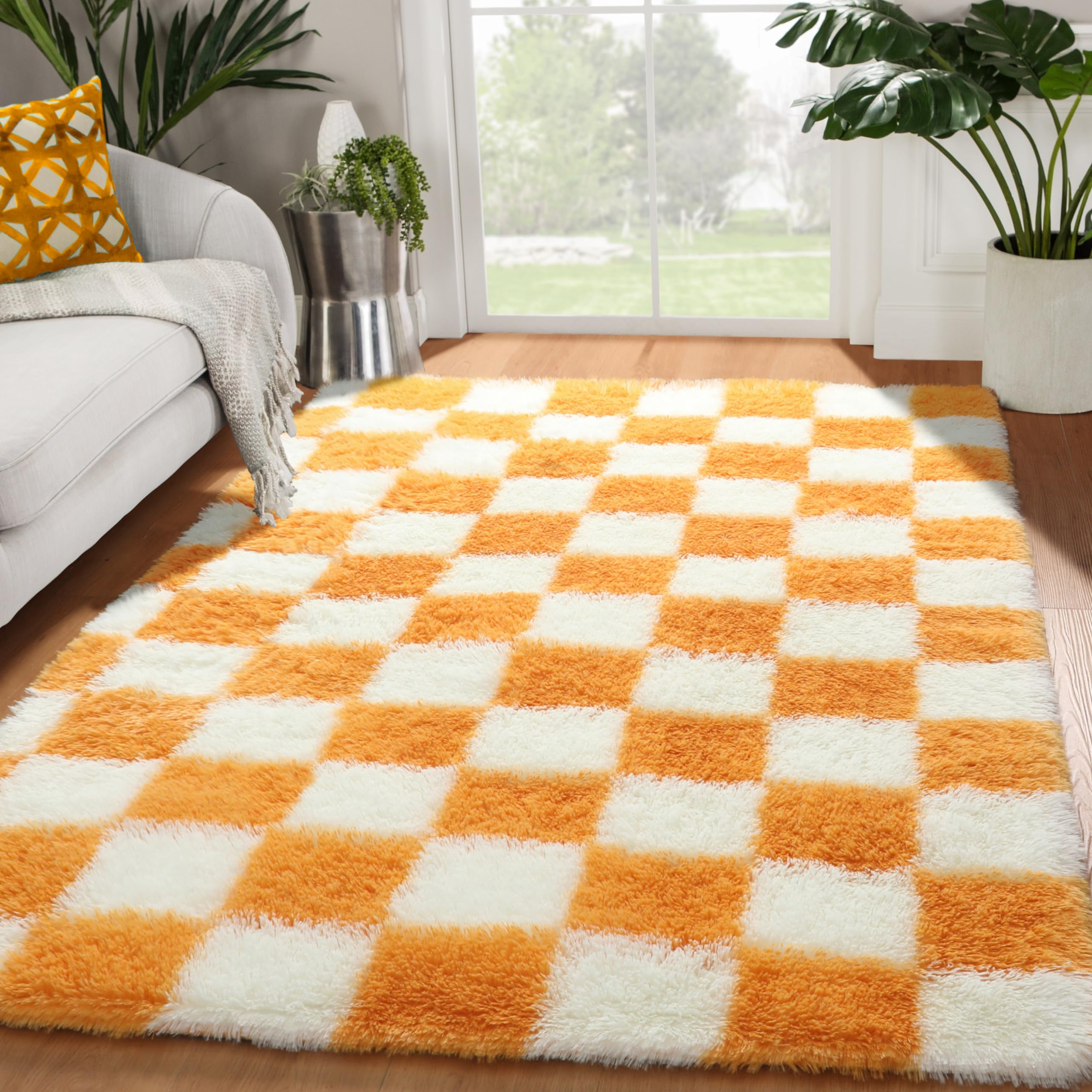 KICMOR 4x6 Rugs for Bedroom Living Room, Orange and Cream White Fluffy Fuzzy Checkered Shag Area Rug Shaggy Bedside Carpet, Furry Plush Soft Rug for