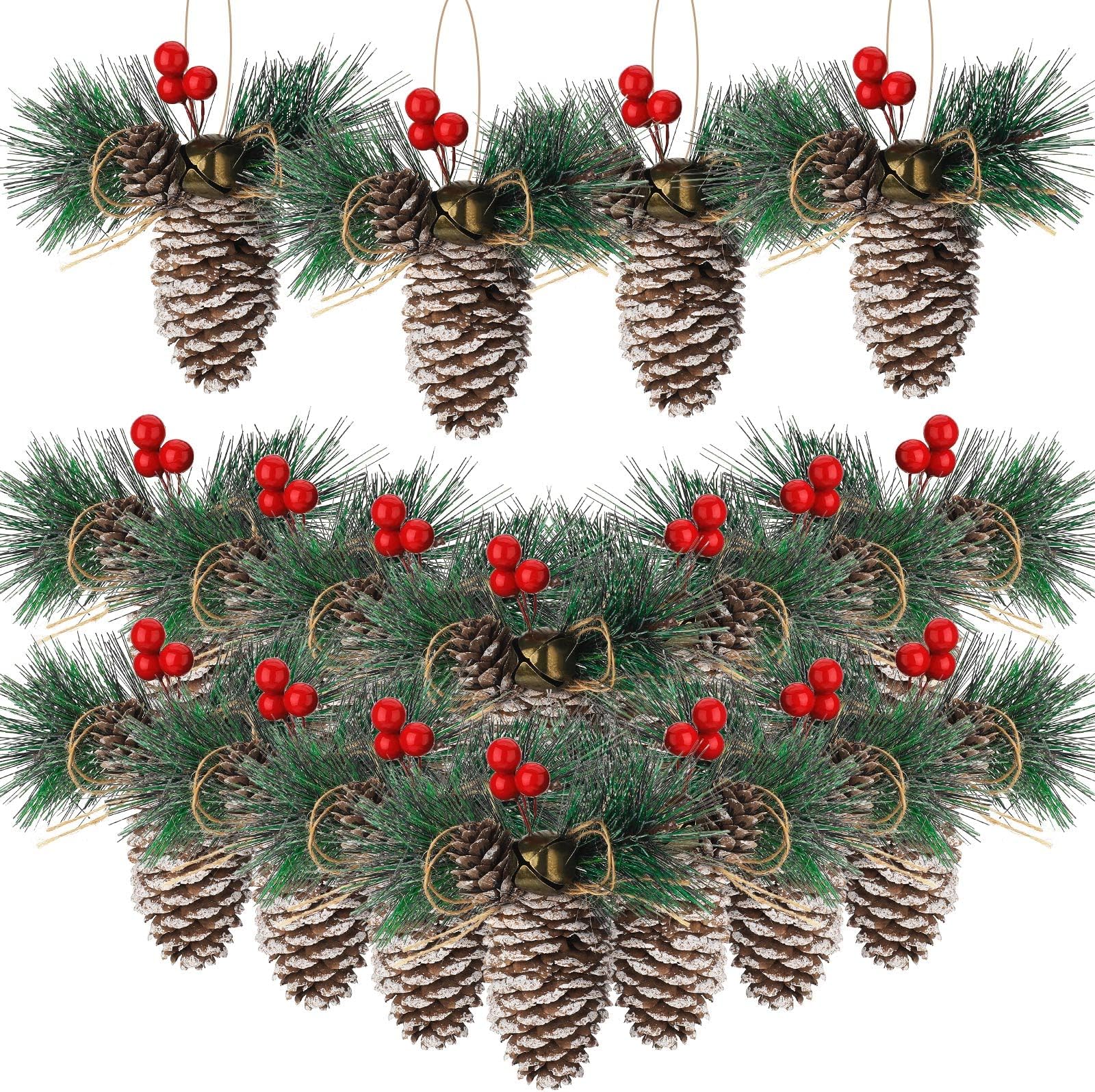 16 Pcs Christmas Pine Cone Ornaments Natural Pine Cones Pine Cones Decorations Farmhouse Christmas Ornaments Rustic Christmas Ornaments Crafts with String Bell Red Berry for Xmas Tree Hanging Decor