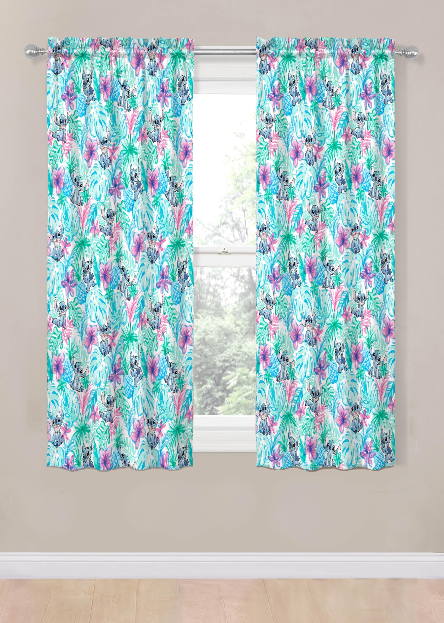 Jay Franco Window Curtains for Kids Bedroom 4-Piece Drape Set with 2 Tiebacks, Blue - Lilo & Stitch, 42