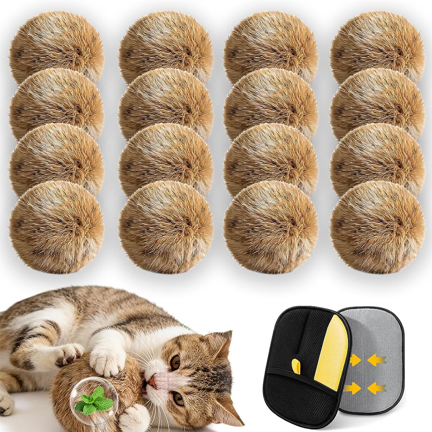 Rabbit Fur Ball Cat Toy, 3in Soft Fluffy Real Rabbit Fur Balls for Cats, Furry Catnip Cat Toy Ball - Washable & Durable and Bite-Resistan, for Kitten Pet Interactive Chasing Playing Exercising (16PCS)