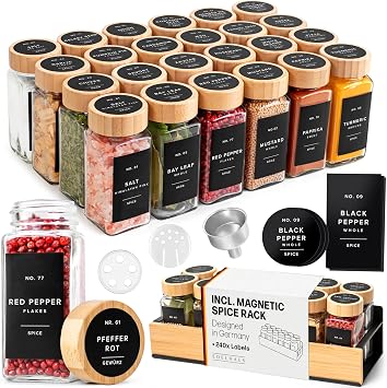 Square Glass Spice Jars (24 x 4oz) with Bamboo Lids + Magnetic Spice Rack for Refrigerator (Fits 12 Jars) + Bonus Slim Auxiliary Rack, 240 Labels, Shaker Inserts, Funnel