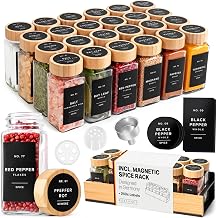 EDELHAUS Square Glass Spice Jars 24 x 4oz with Bamboo Lids + Magnetic Spice Rack for Refrigerator Fits 12 Jars + Bonus Slim Auxiliary Rack, 240 Labels, Shaker Inserts, Funnel