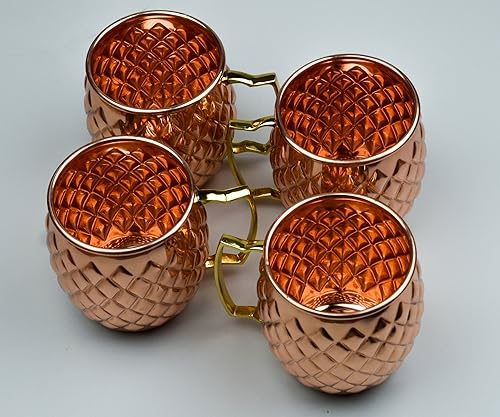 Juego de 4 tazas de cobre con diseño de diamante de Star India CRAFT hecho a mano 100% puro cobre macizo tazas con aspecto de diamante de 16 oz