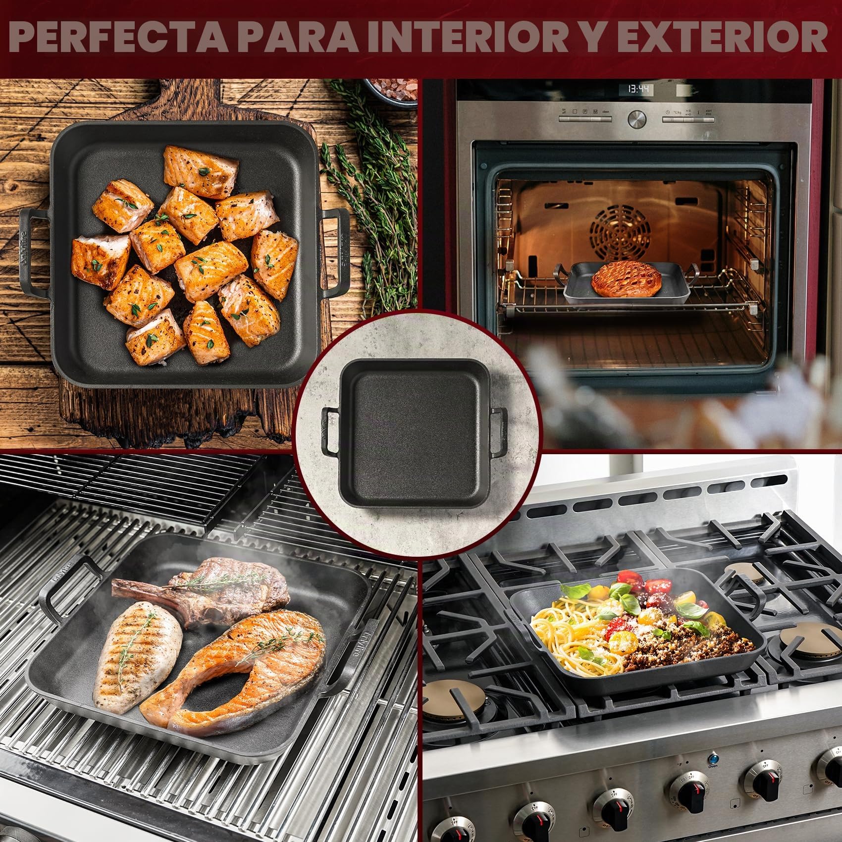 onlyfire Plancha Rectangular de Hierro Fundido con Asas, Sartén BBQ para Parrilla de Gas, Parrilla de Carbón y La Mayoría de Los Hornos, 31.5 * 31.5 * 3.8 cm