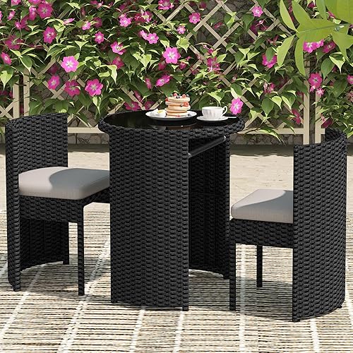 TWT Juego de 3 piezas de bistró para patio, de aluminio fundido para todo tipo de clima, con mesa de vidrio templado y sillas de patio para piscina,