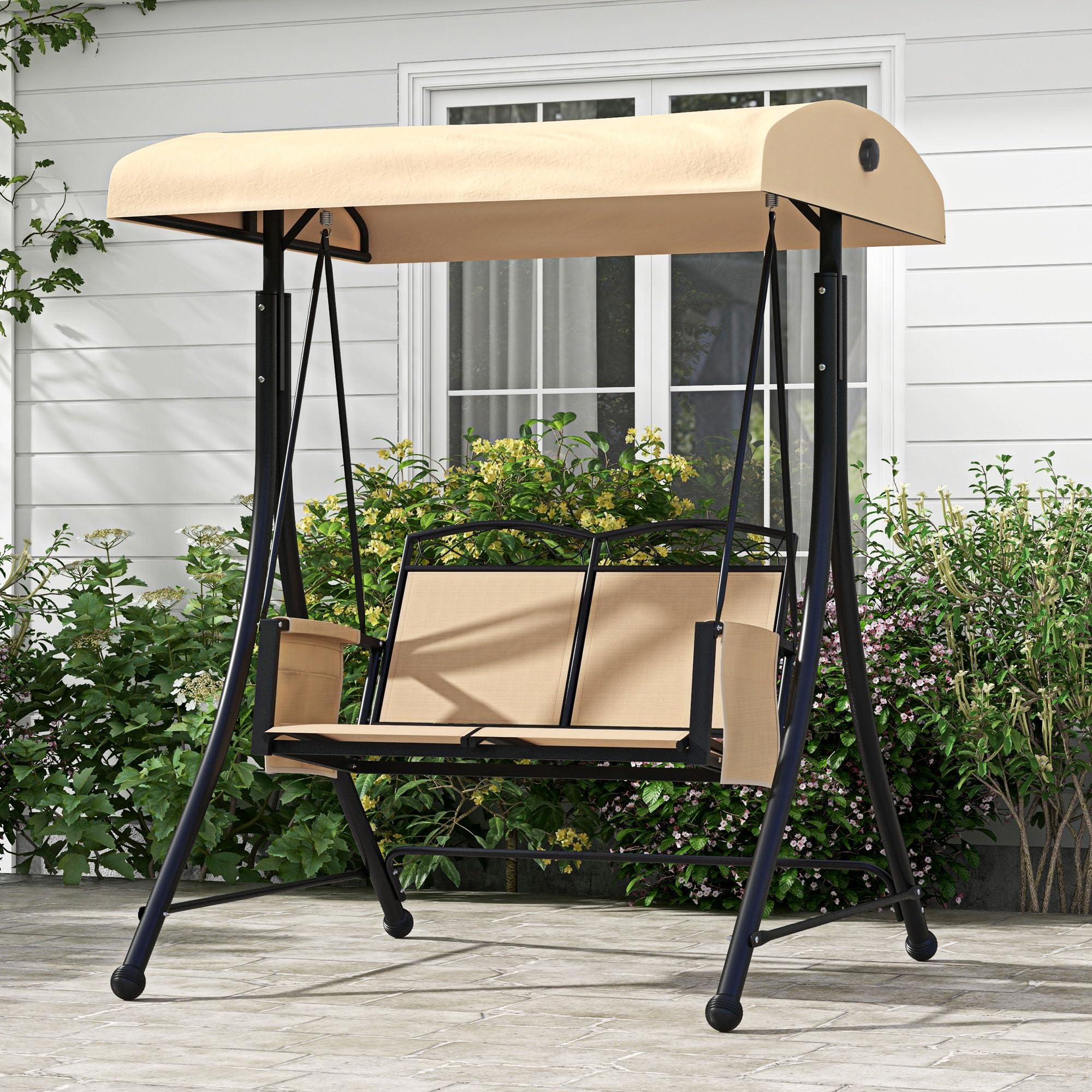 Outsunny Dondolo da Giardino 2 Posti con Tettuccio Parasole Regolabile, Dondolo con Tasche Laterali, Acciaio e Tessuto a Rete, Beige