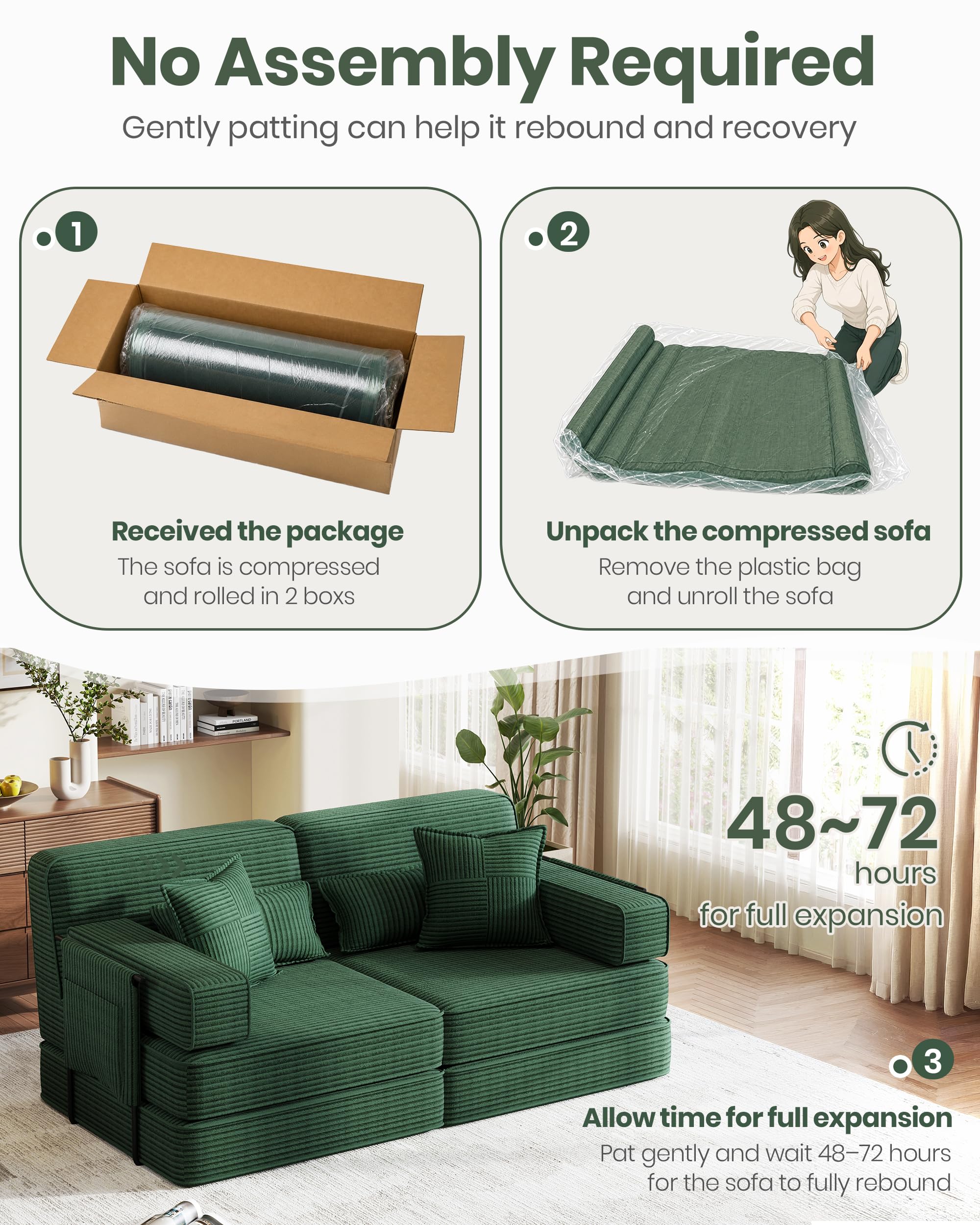 Divano letto disossato, 190 cm, divano modulare convertibile 5 in 1, velluto a coste senza montaggio, divano letto matrimoniale pieghevole a 2-3 posti con contenitore, 4 cuscini e struttura in metallo