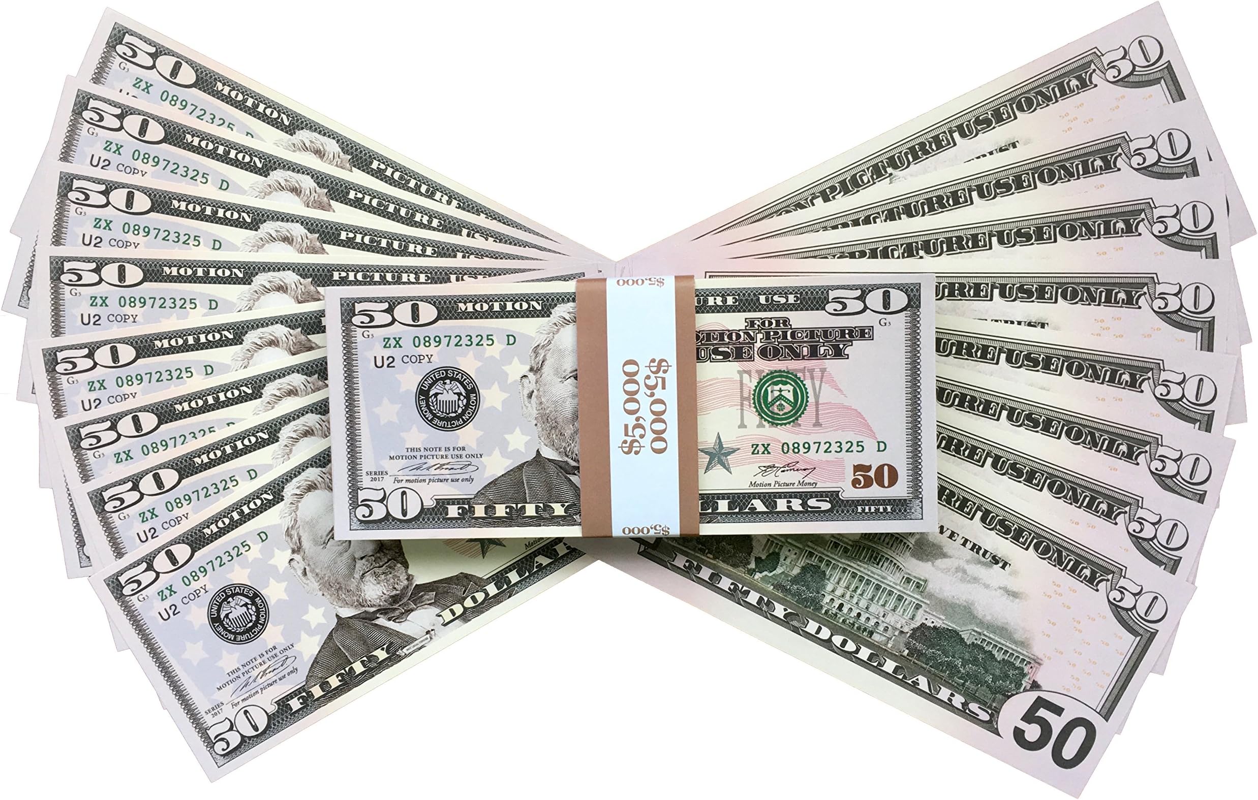 Big Screen Stacks - 100 Full Print Prop Money 50 Dollar Bills, with Spare Bank Strap. Perfect for movies, films, advertising, Social Media, Play Money, Costume Party's, Magic Tricks, Casino Games