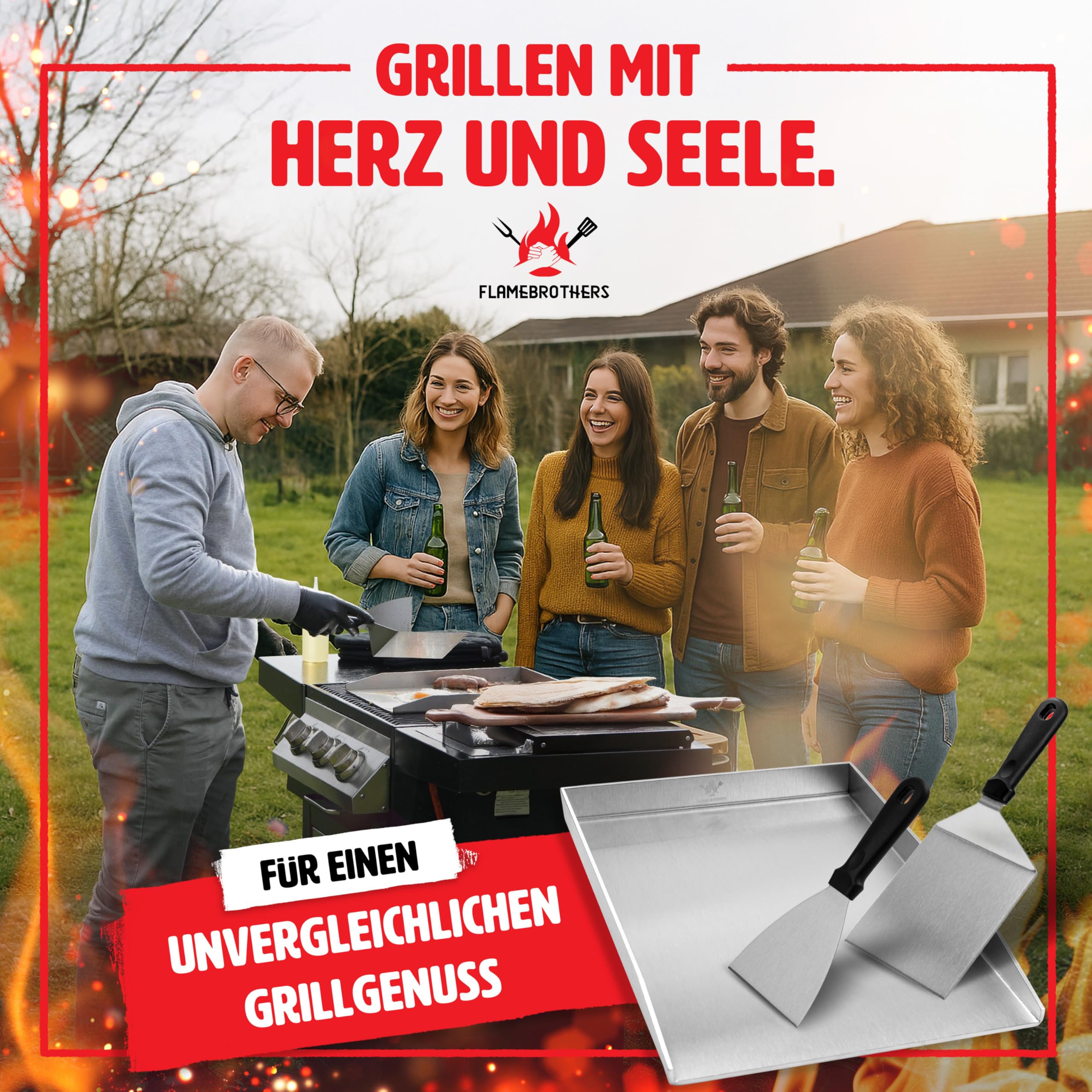Plancha Grillplatte - All In Grillzubehör Set mit Grillspachtel & Grillschaber - 4mm rostfreier Edelstahl [40 x 30cm] - Grill Platte für Gas- & Kohlegrill - auslaufsichere Ecken für sauberen Grill