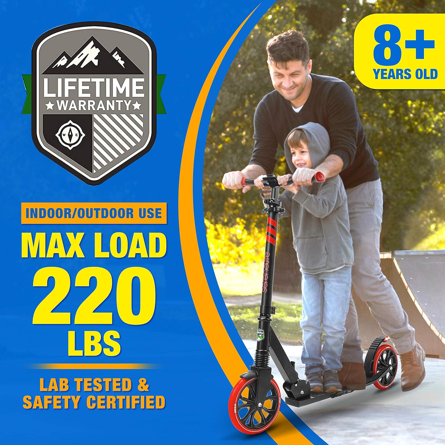 SereneLife Two Wheel Scooter for Teens, Smooth Gliding Kick Scooter for Adults w/Adjustable Height for Ages 8+, Portable All Terrain Scooter w/Carry Straps, Easy to Fold