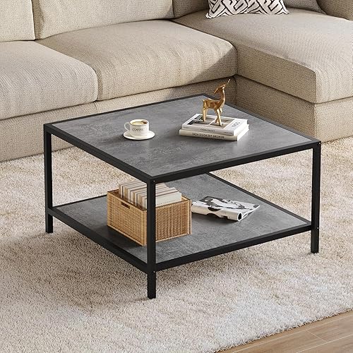 SAYGOER Coffee Table for Living Room, Square Modern Coffee Tables with Storage, 2 Tier Small Farmhouse Center Table for Office Apartment Home, Gray Wood Tabletop, Easy Assembly