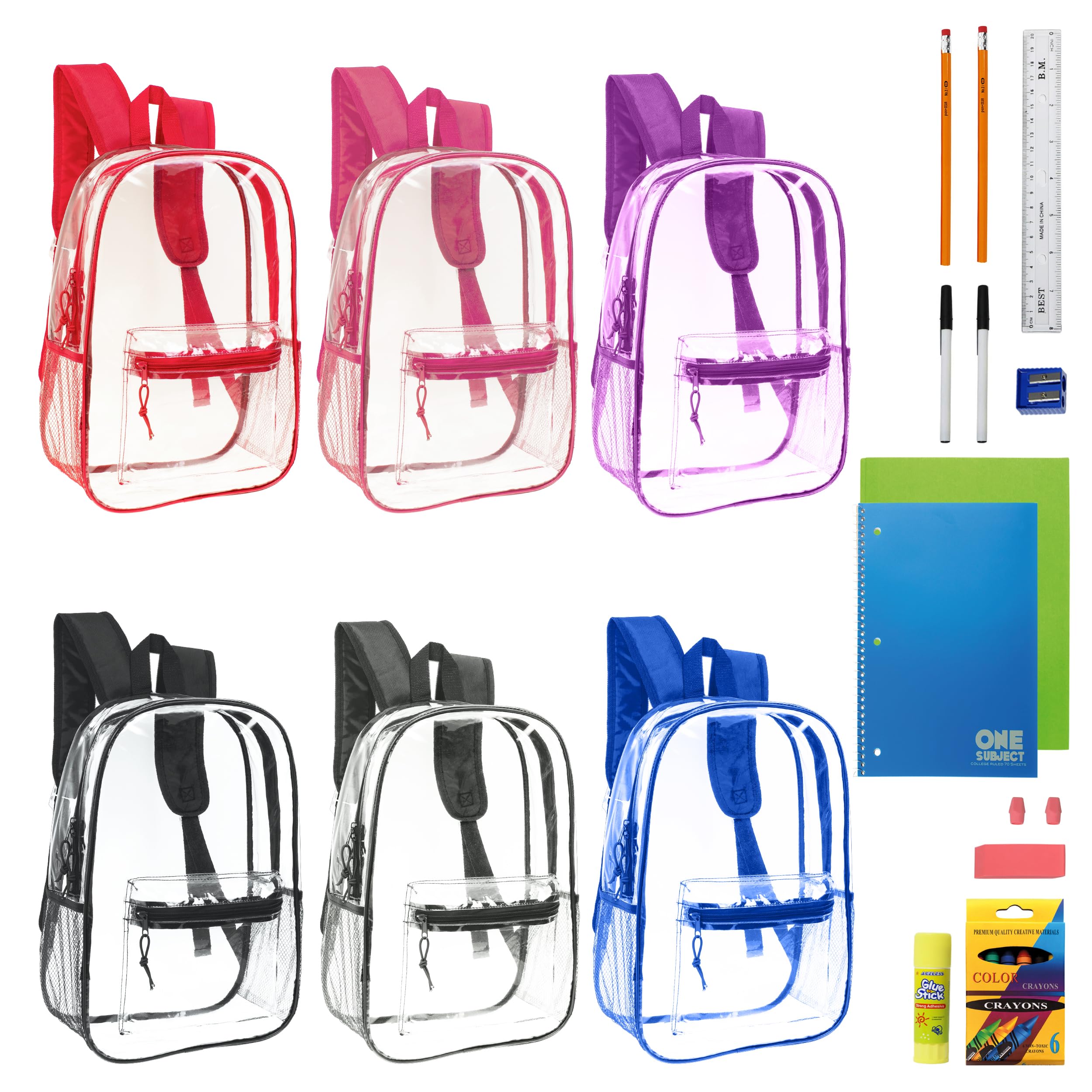 Moda West 17 Inch Bulk Backpacks with School Supply Kit - Case of 12 Wholesale Backpacks Assorted Colors