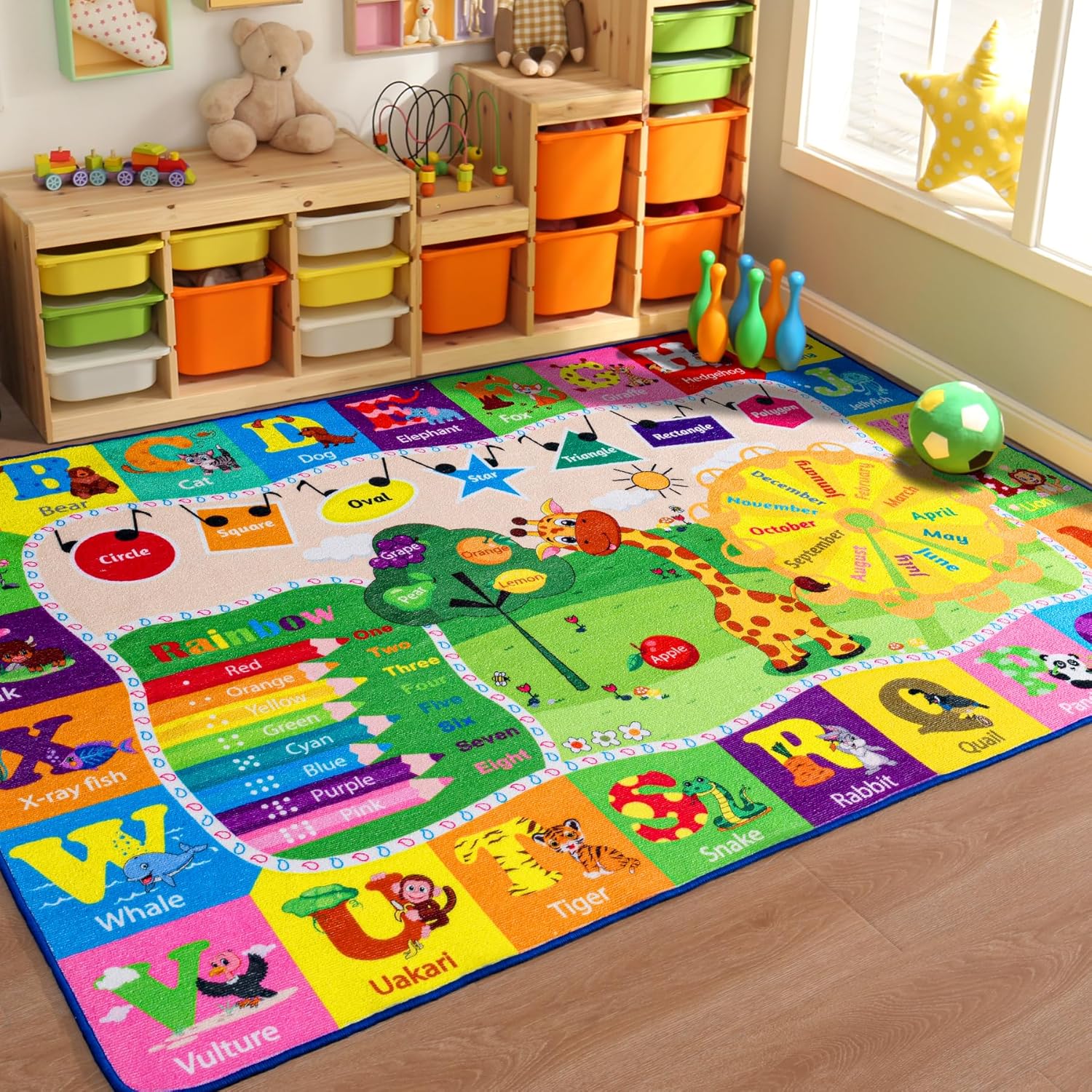 Playroom Rug Baby Play Mat for Floor ABC Rug for Kids Educational and Fun Playmat with Alphabet Animals Shapes Colors 5x7 Area Rug Learning Rugs for Toddler Children Game Activity