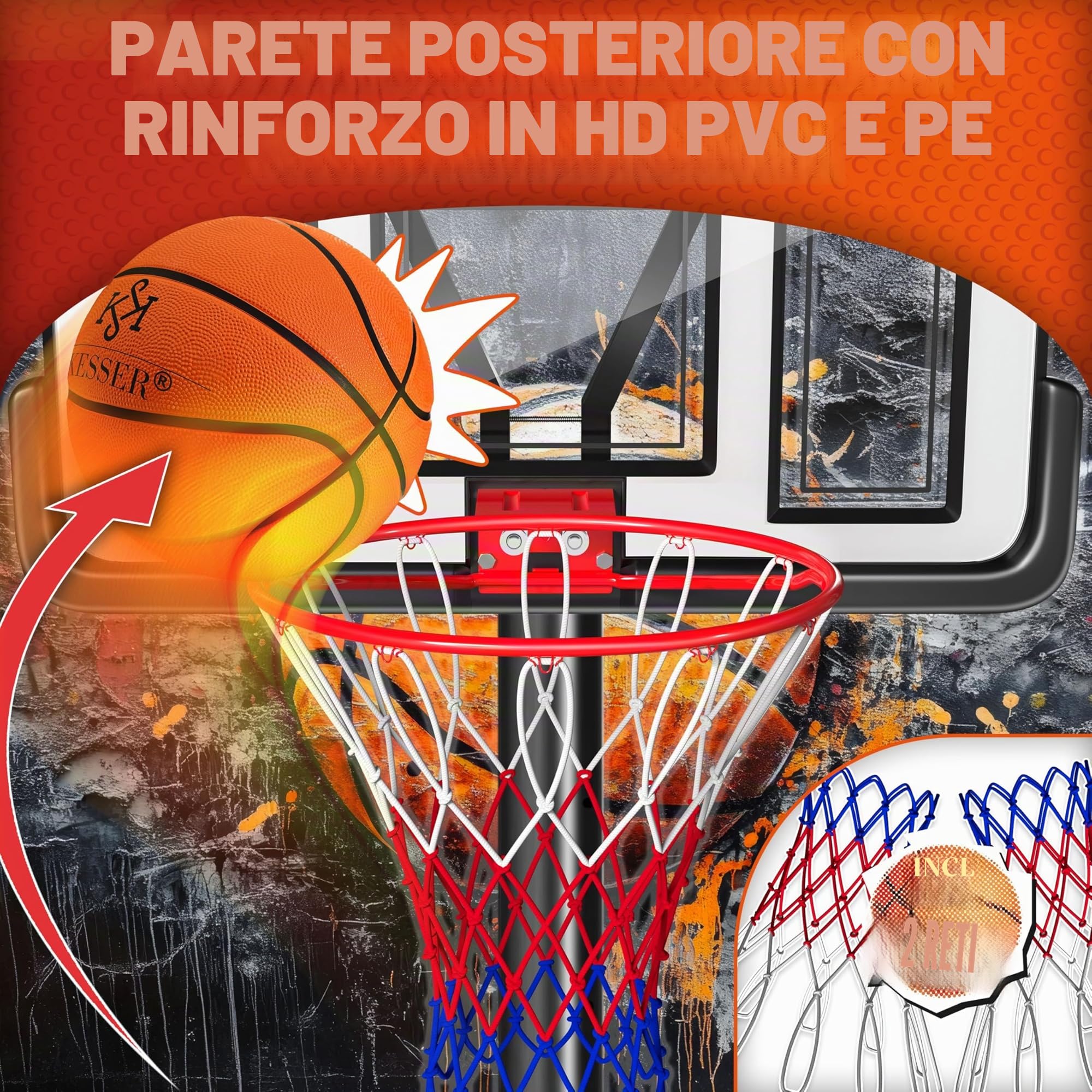 KESSER® Canestro di basket Premium con supporto e rotelle incl. pallone da basket + pompa; altezza canestro regolabile da 230 a 305 cm; impianto basket da esterno completo