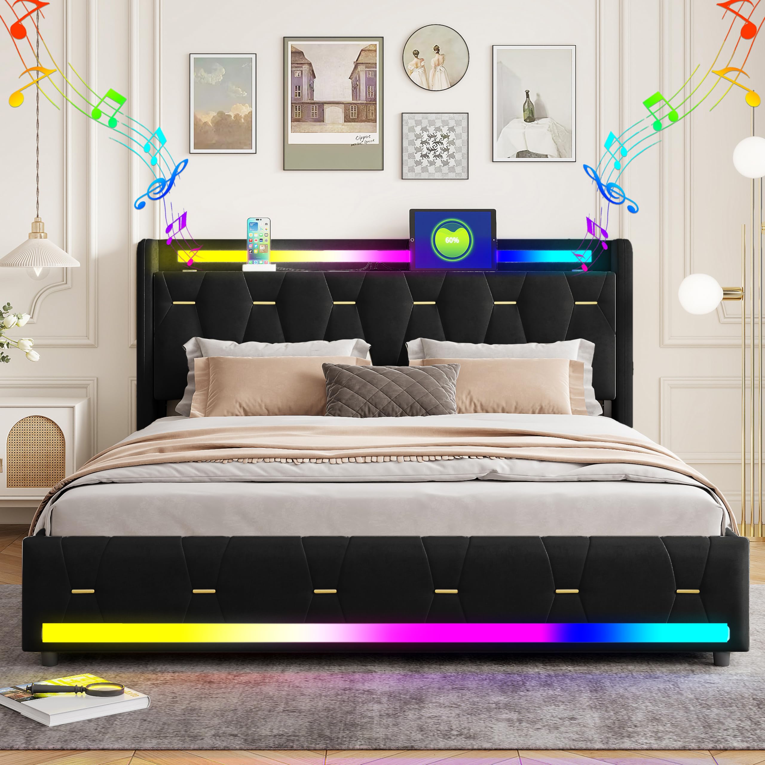 Struttura letto con cassetti portaoggetti 140x200cm,velluto,nero