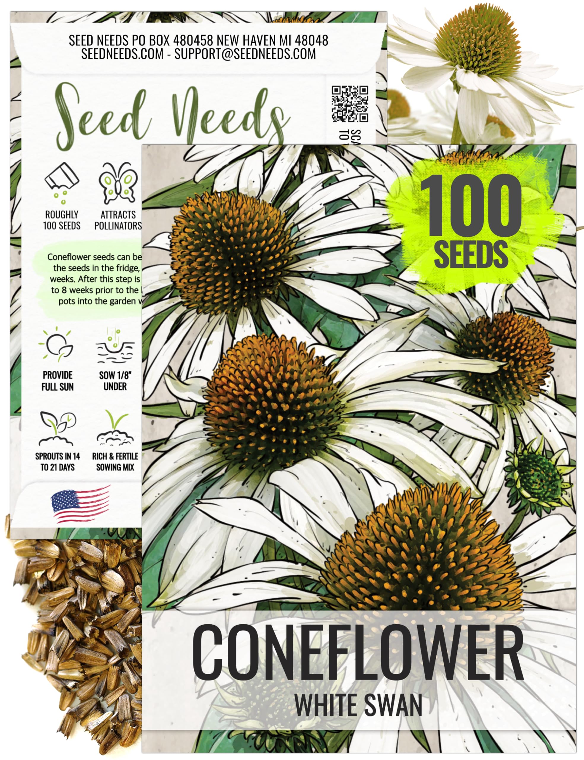 Seed Needs White Swan Coneflower Seeds for Planting Echinacea - Heirloom & Open Pollinated Perennial Flower - Attract Pollinators to a Butterfly Garden (1 Pack)
