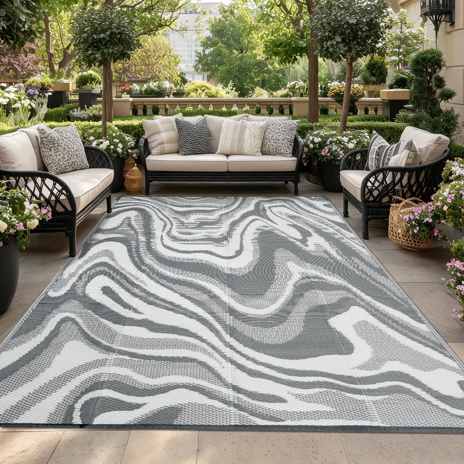Luoven Outdoor Rug for Patios Waterproof, Reversible Garden Rugs, UV Resistant Abstract Plastic Straw Carpet for Camping, RV, Balcony, Beach, Deck(120 x 180 cm, Grey & White) — image 1