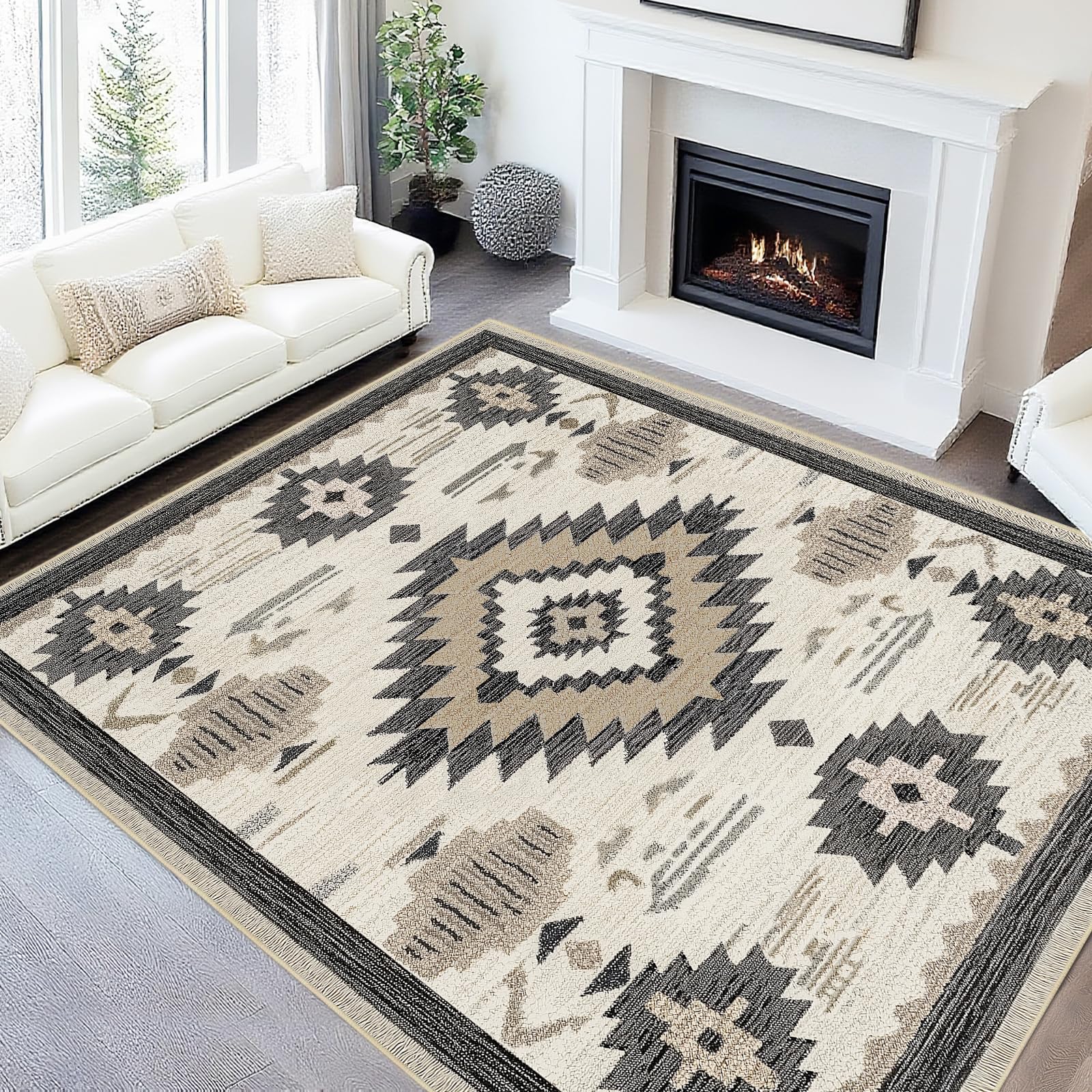 Photo 1 of 8x10 Area Rug for Living Room Western Rug Aztec Southwestern Rugs Machine Washable Tribal Navajo Southwest Rug Non Slip Printed Low-Pile Indoor Floor Carpet for Dining Room Bedroom Office, Beige