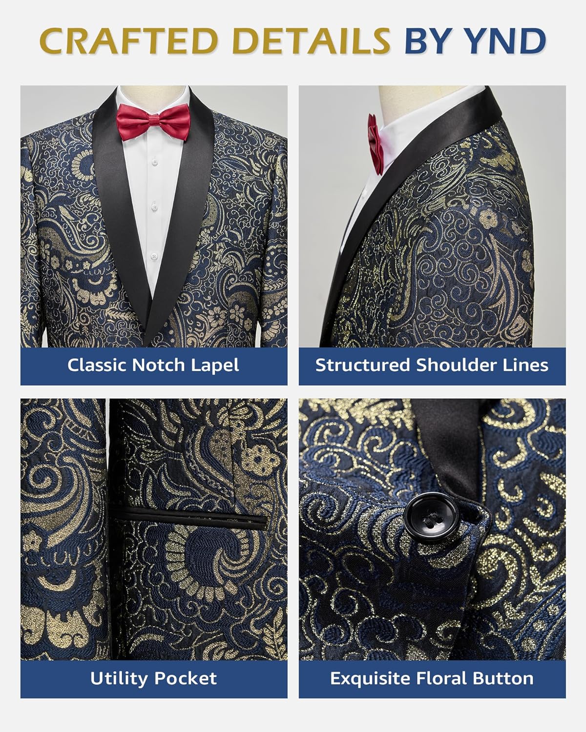 YND Men's Floral Tuxedo Jacket, Luxury Embroidered Blazer, Dress Suit with Bow Tie for Wedding Party Prom Dinner - Image 4