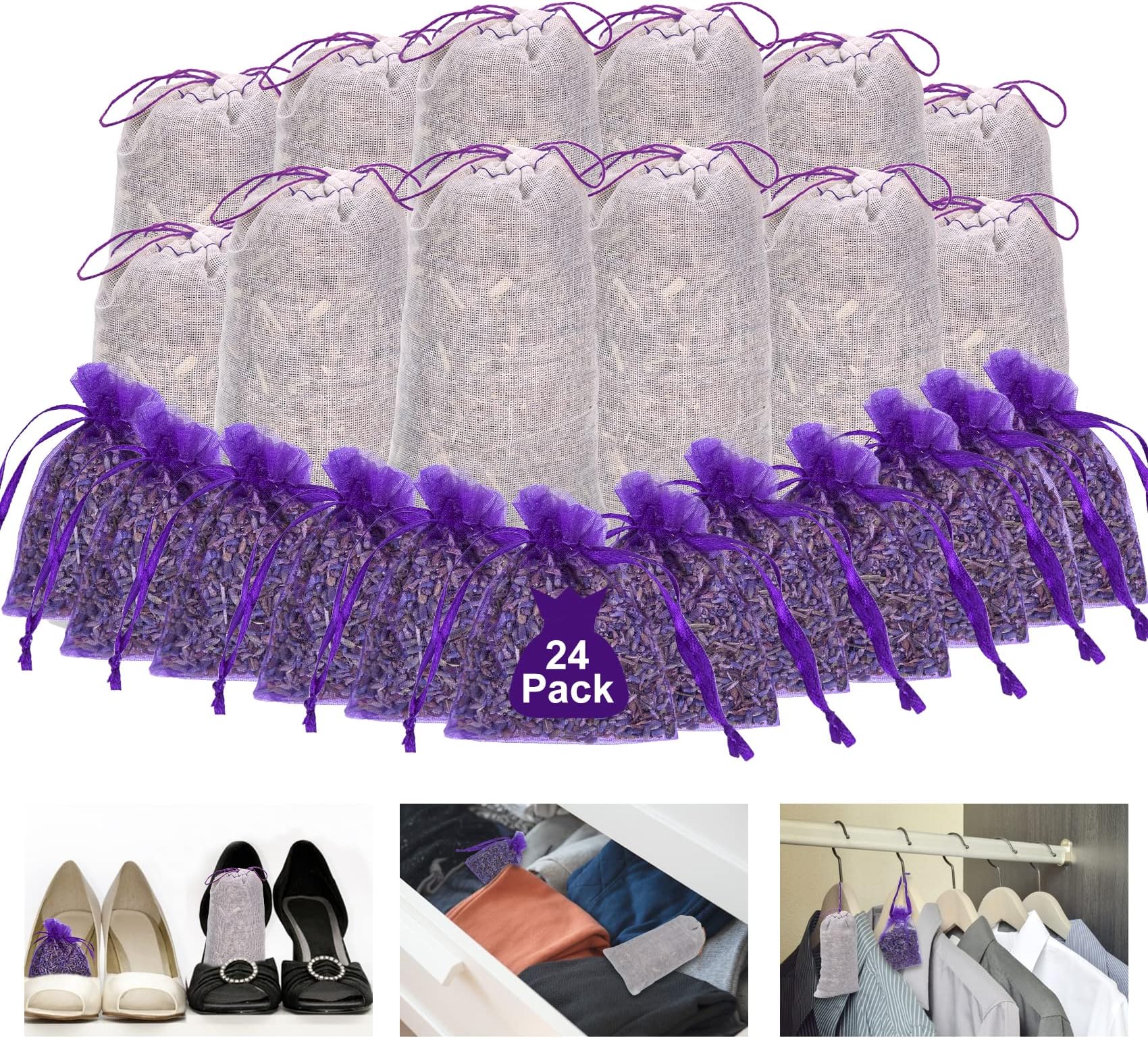 24 Pack Lavender Sachets Bags for Drawers and Closets, Cedar Sachets for Moth Repellent, Home Fragrance for Wardrobes Closets